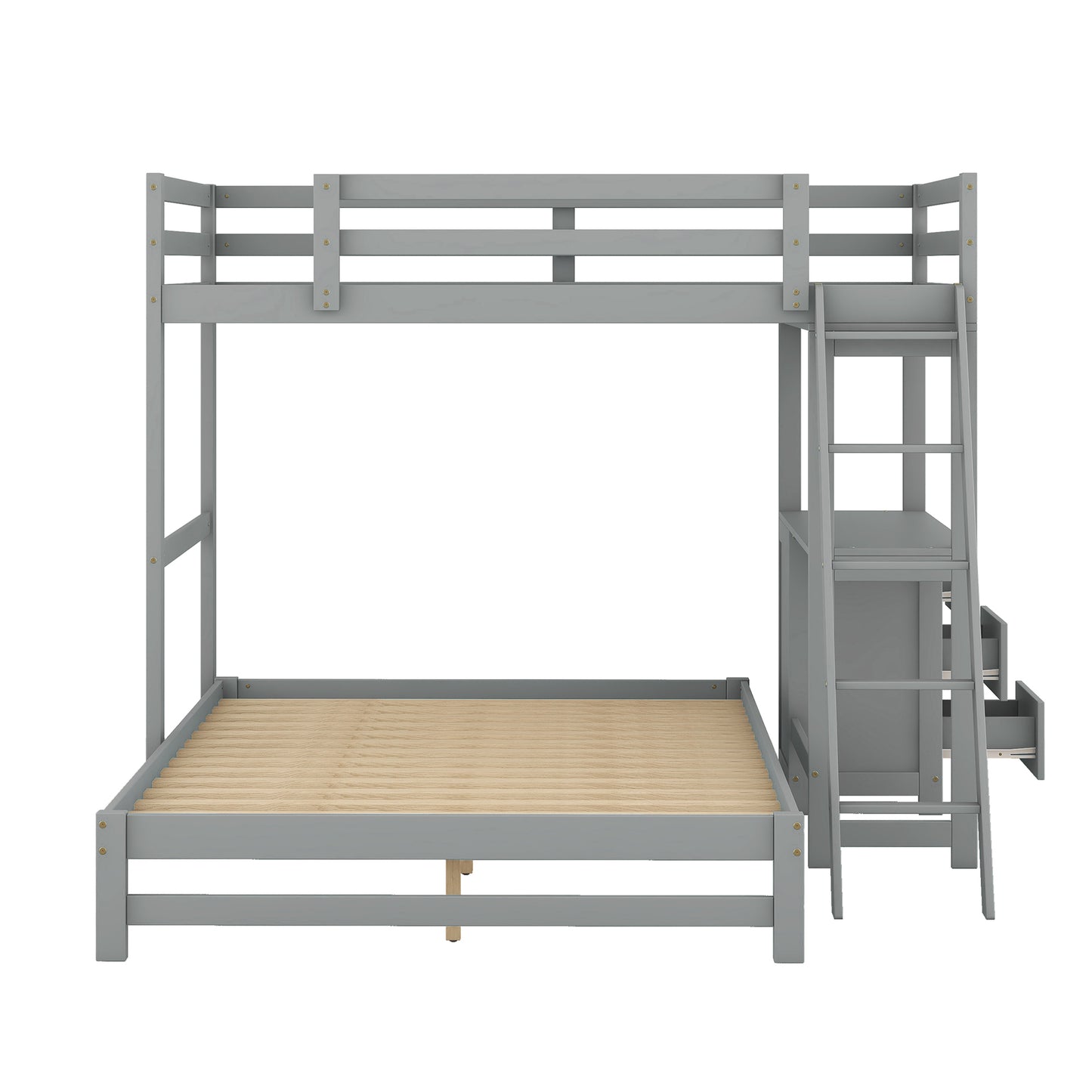 Grey Twin over Full Bunk Bed with Desk and Storage