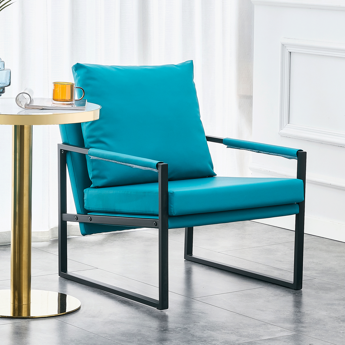 Cyan PU Leather 2-Piece Set of Modern Sofa Chairs with Metal Frame