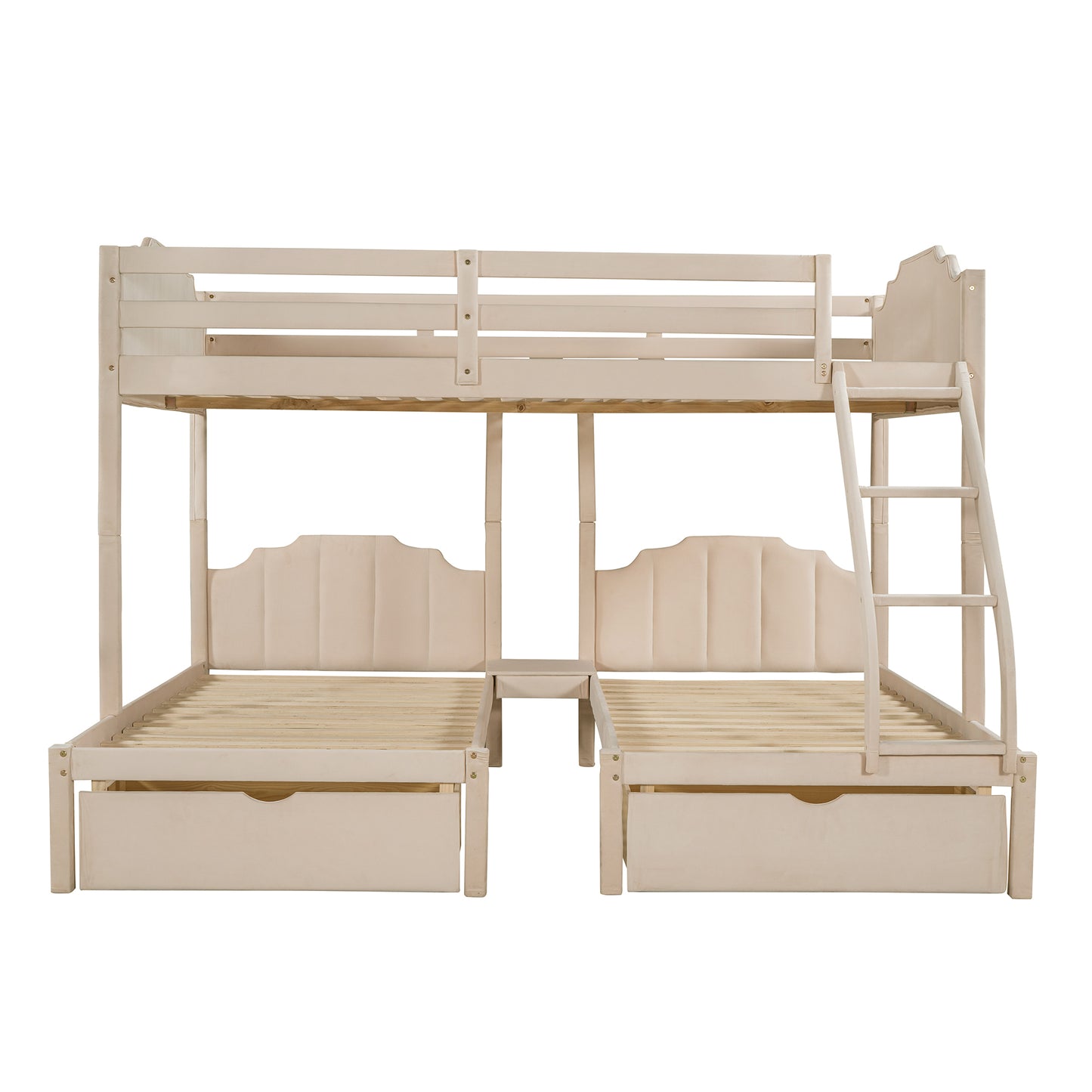 Triple Bunk Bed with Full Lower Bed, Twin Upper Bed, Velvet Finish, Beige - Space-Saving Triple Bed with Full, Twin, and Velvet Touch