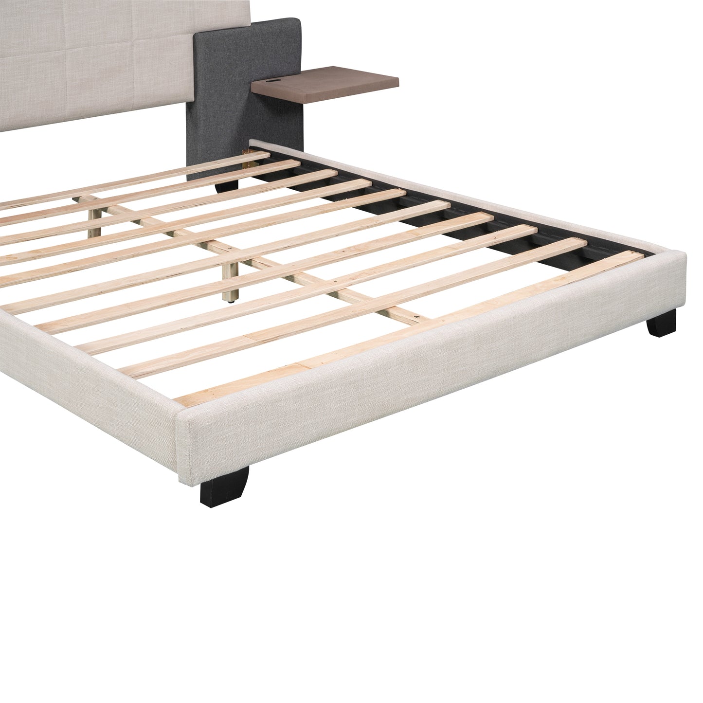 Queen Size Upholstered Platform Bed with Bedside Shelves and USB Charging Design, Beige+Gray