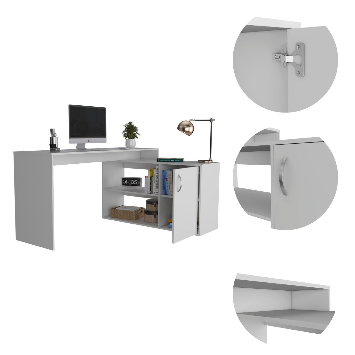 White L-Shaped Office Desk with Ample Storage Space and Functional Design