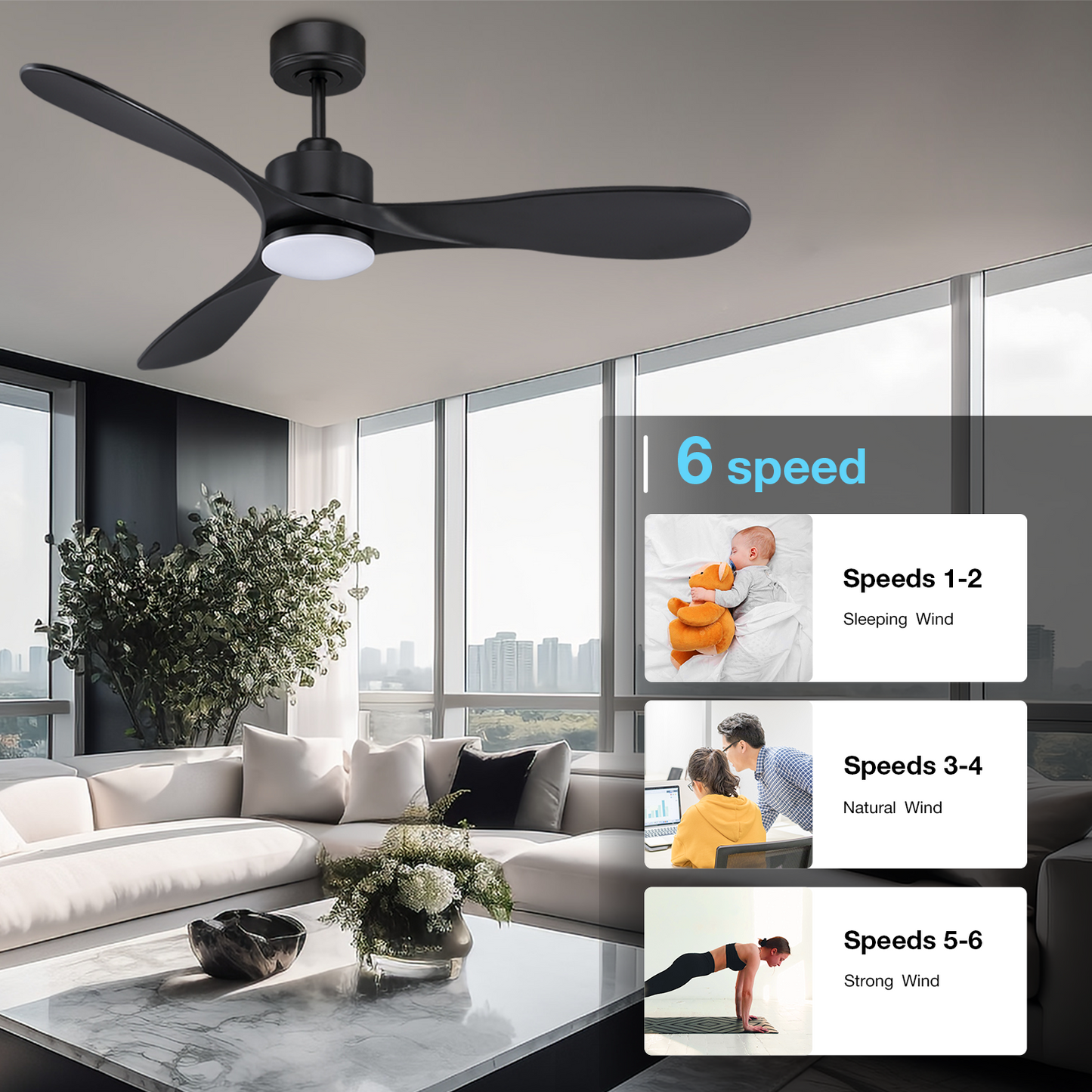 Intelligent 52-inch Black Ceiling Fan with Voice & APP Control