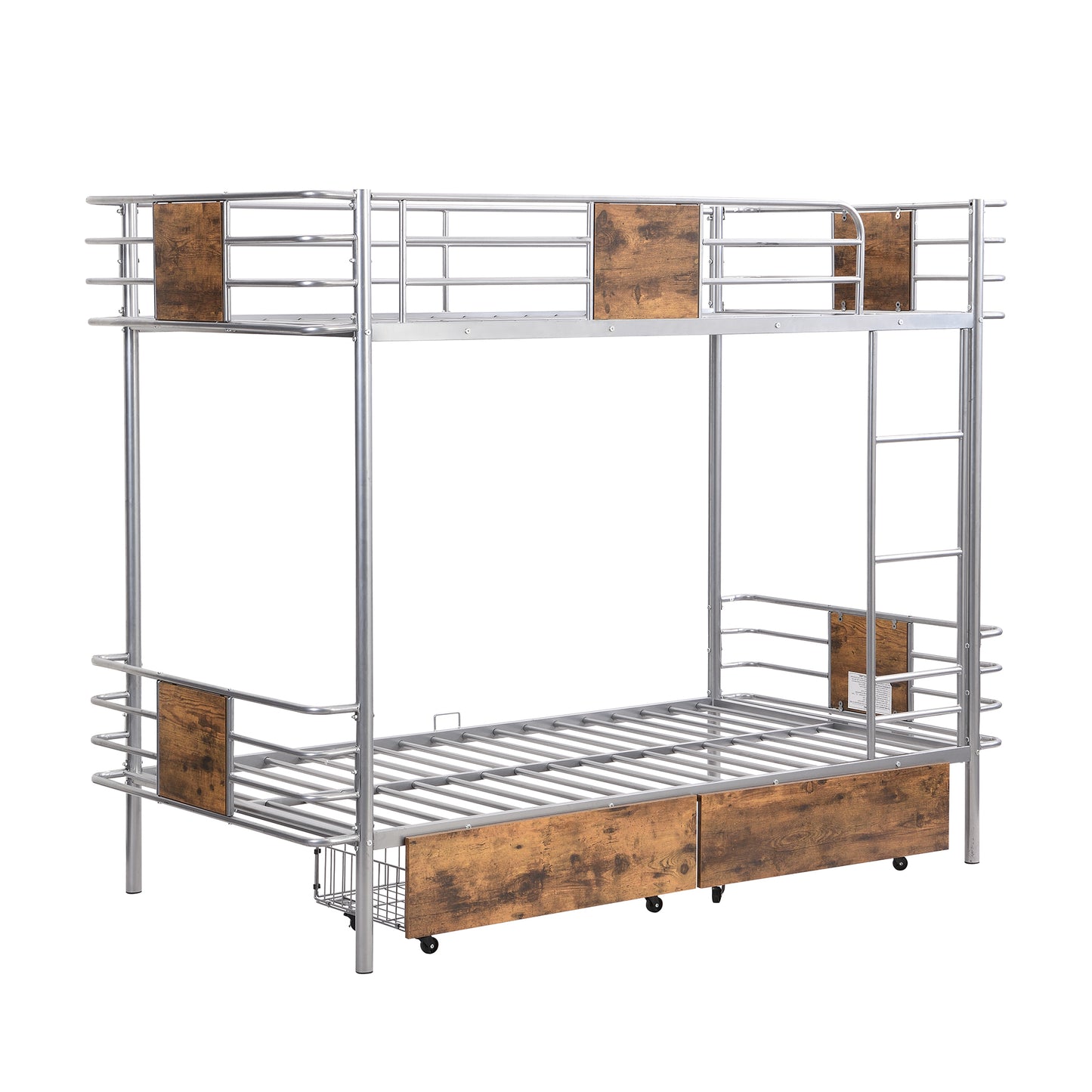 Silver Metal Bunk Bed with Twin XL Storage Drawers and Guardrail