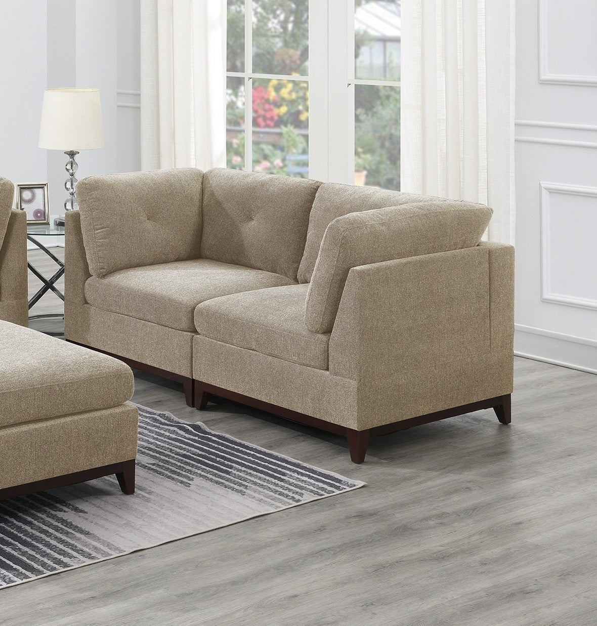 Camel Chenille Fabric Modular Sectional Sofa 6-Piece Set with Tufted Back and Exposed Wooden Base