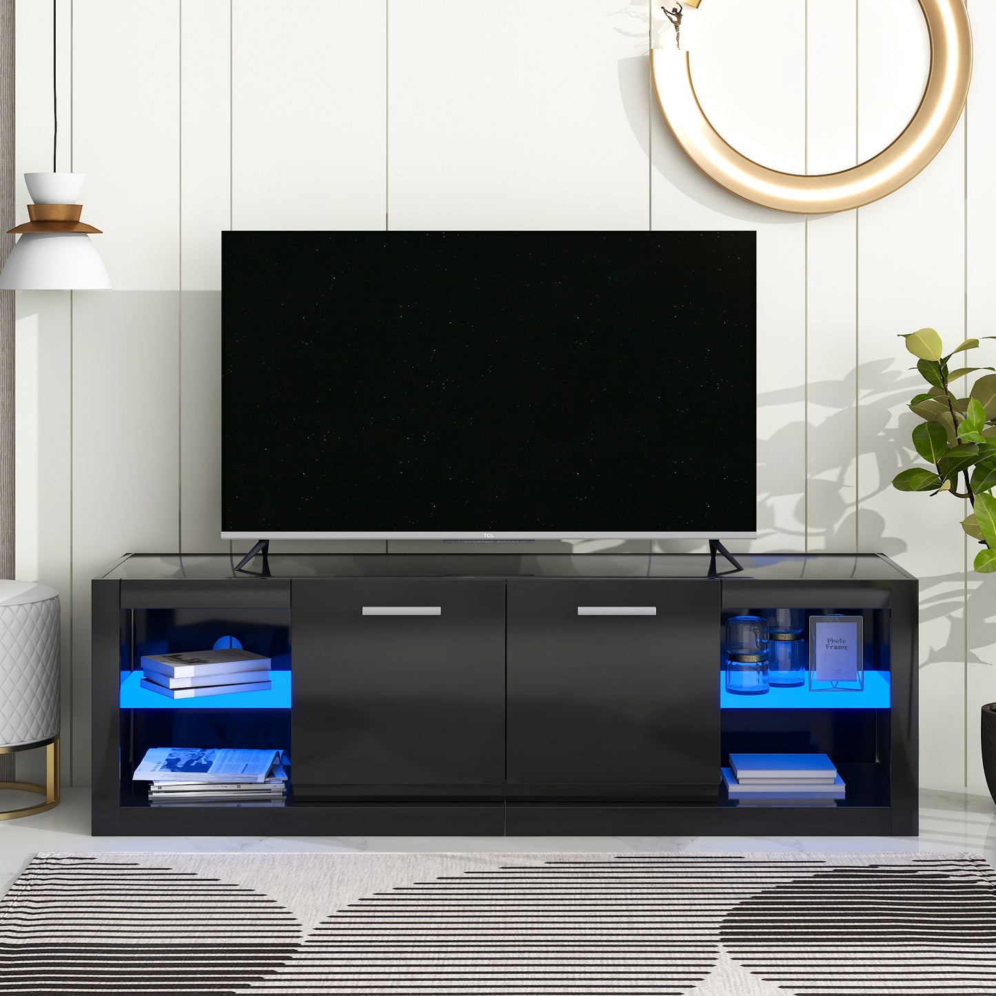 Sleek Black Entertainment Center with LED Lights for TVs Up to 70''