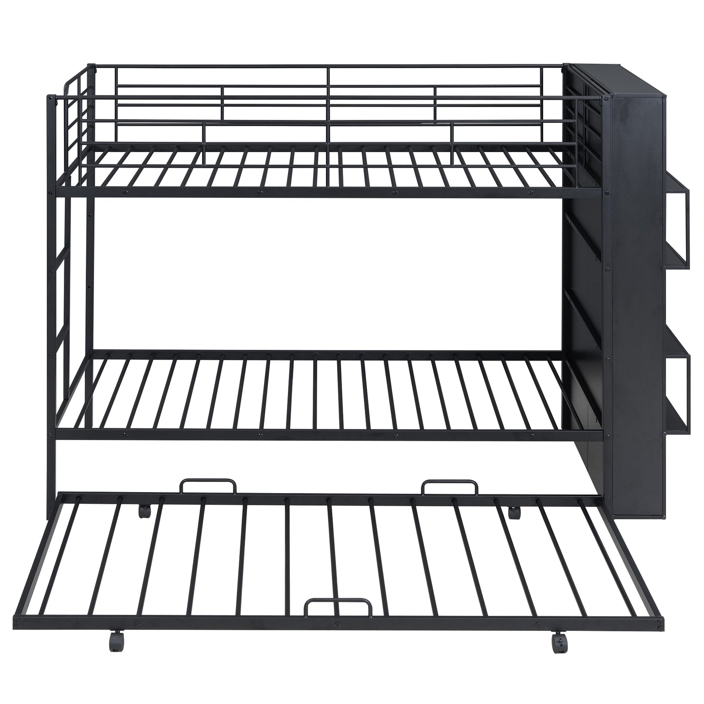 Twin Size Black Metal Bunk Bed with Integrated Bookshelf