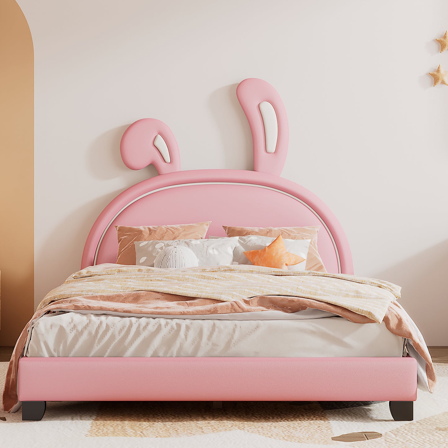 Full Size Upholstered Leather Platform Bed with Rabbit Ornament, Pink