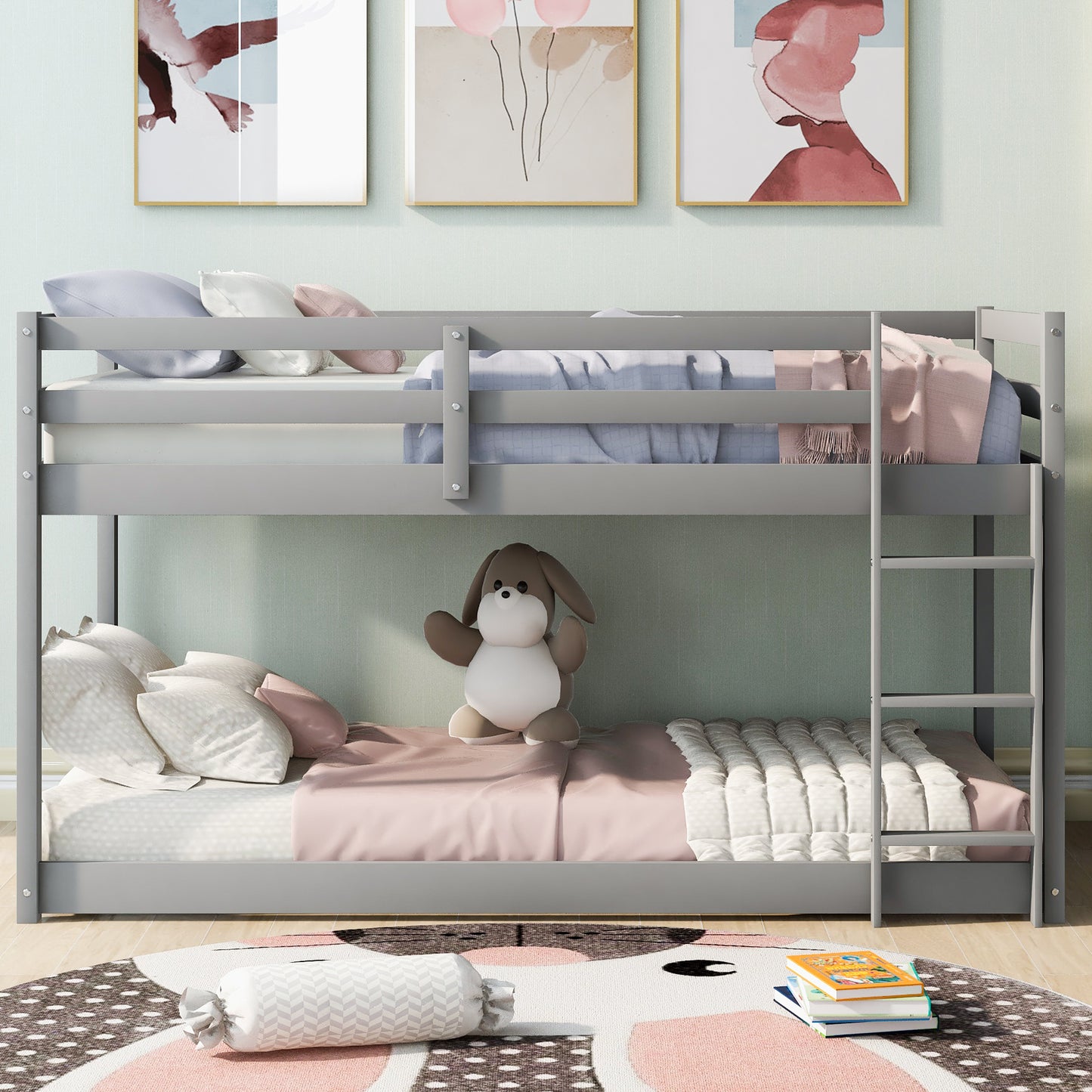 Gray Twin Bunk Bed with Low Floor Design