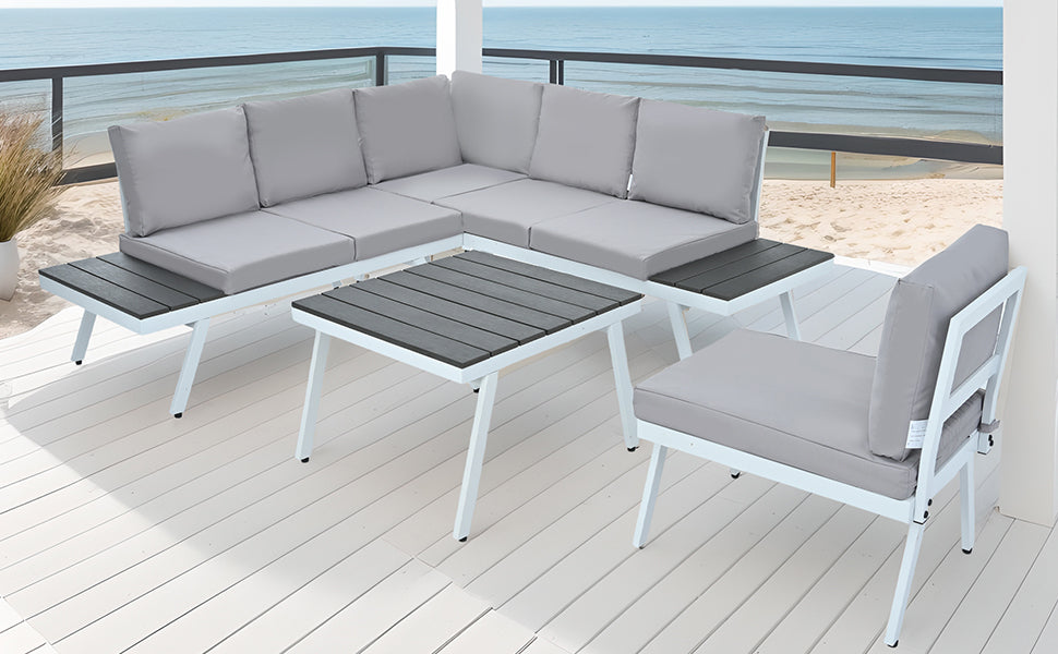 Aluminum Outdoor Patio Furniture Set with End Tables and Coffee Table, White and Grey Sectional Sofa Set