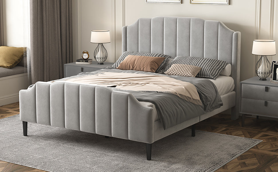 Queen Size Upholstered Platform Bed with Headboard and Footboard,No Box Spring Needed, Velvet Fabric,Gray