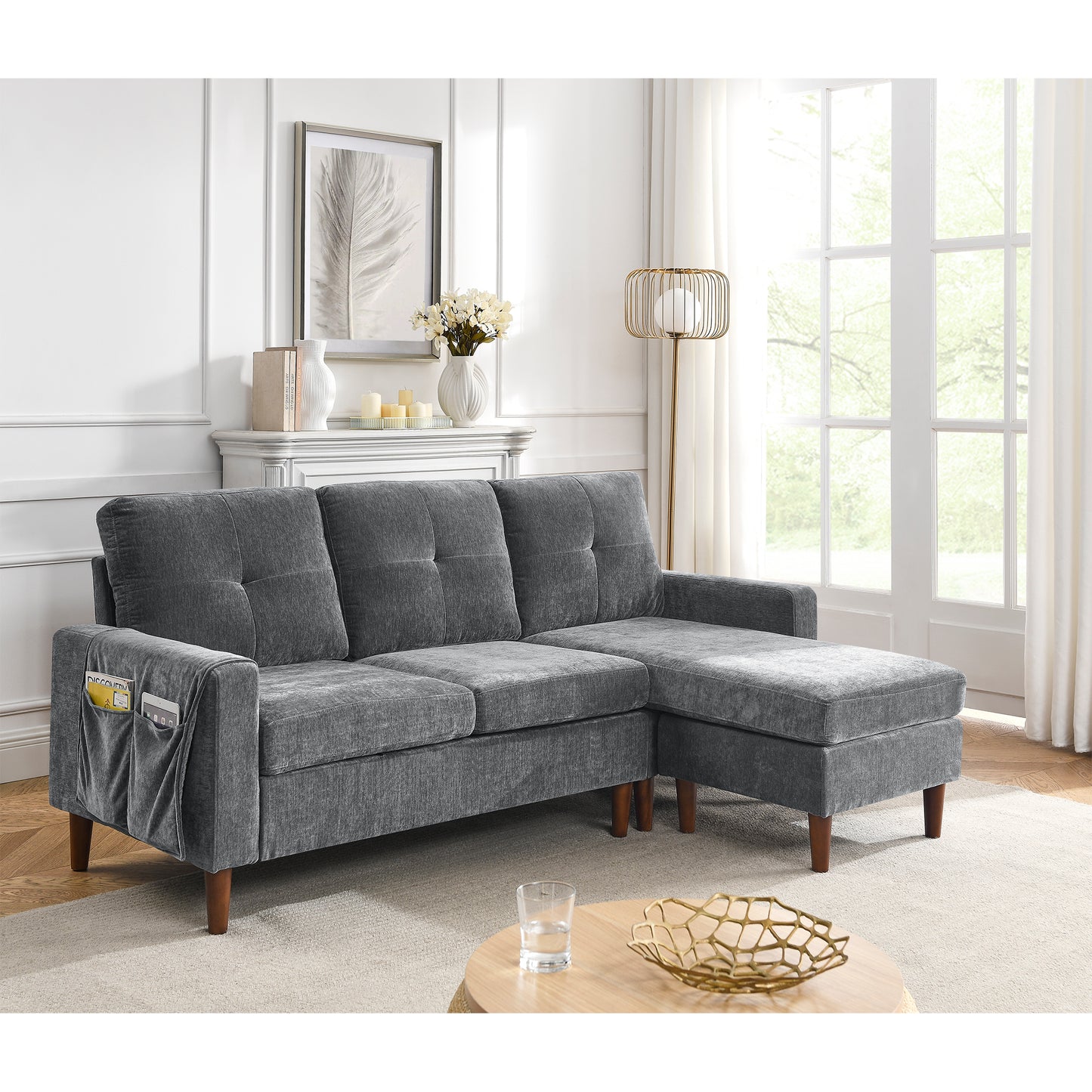 Convertible L-Shape Sectional Sofa with Removable Cushions and Ottoman, Dark Grey Chenille