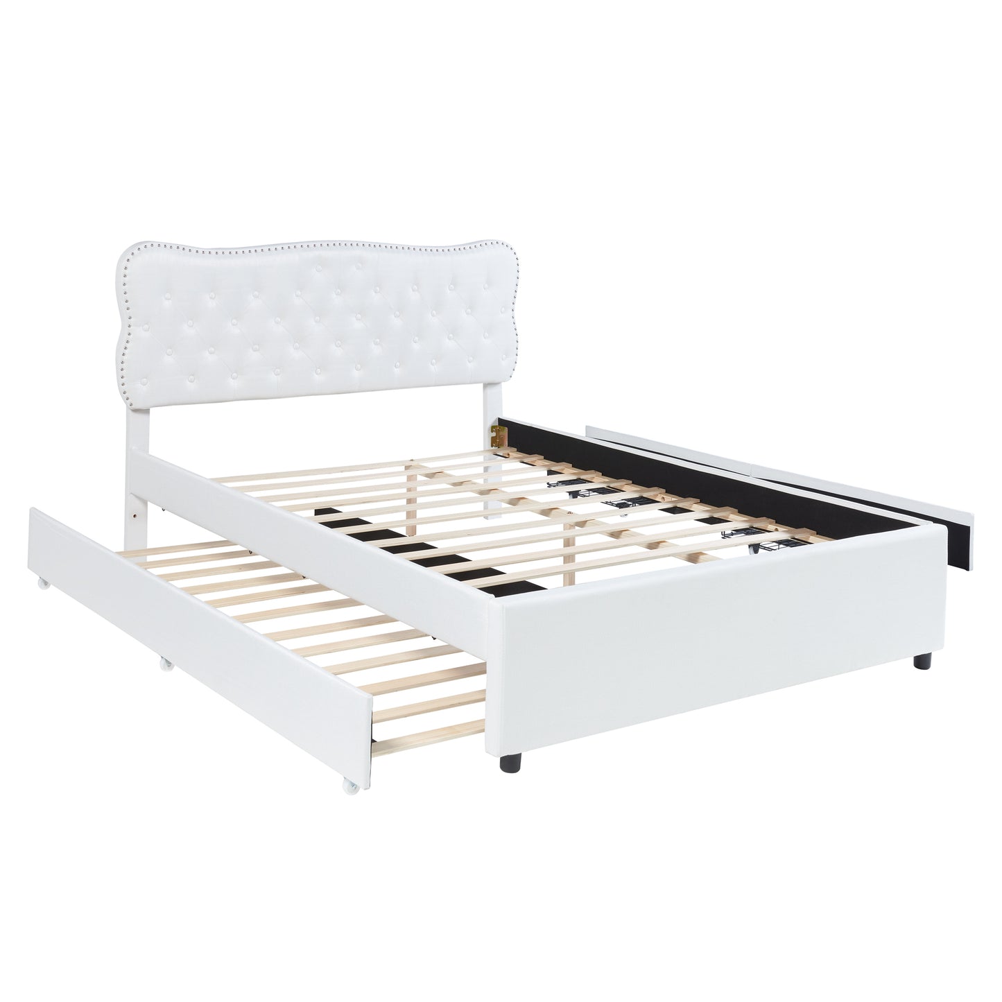 Queen Size Upholstery Platform Bed with Storage Drawers and Trundle,White