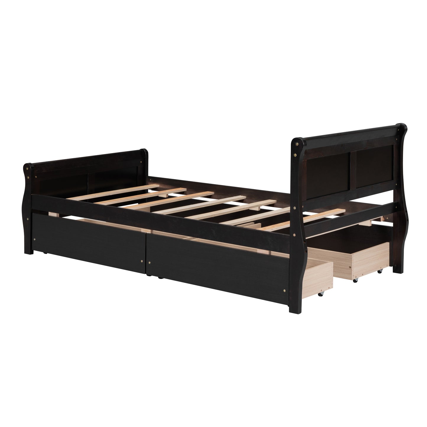 Twin Size Wood Platform Bed with 4 Drawers and Streamlined Headboard & Footboard, Espresso