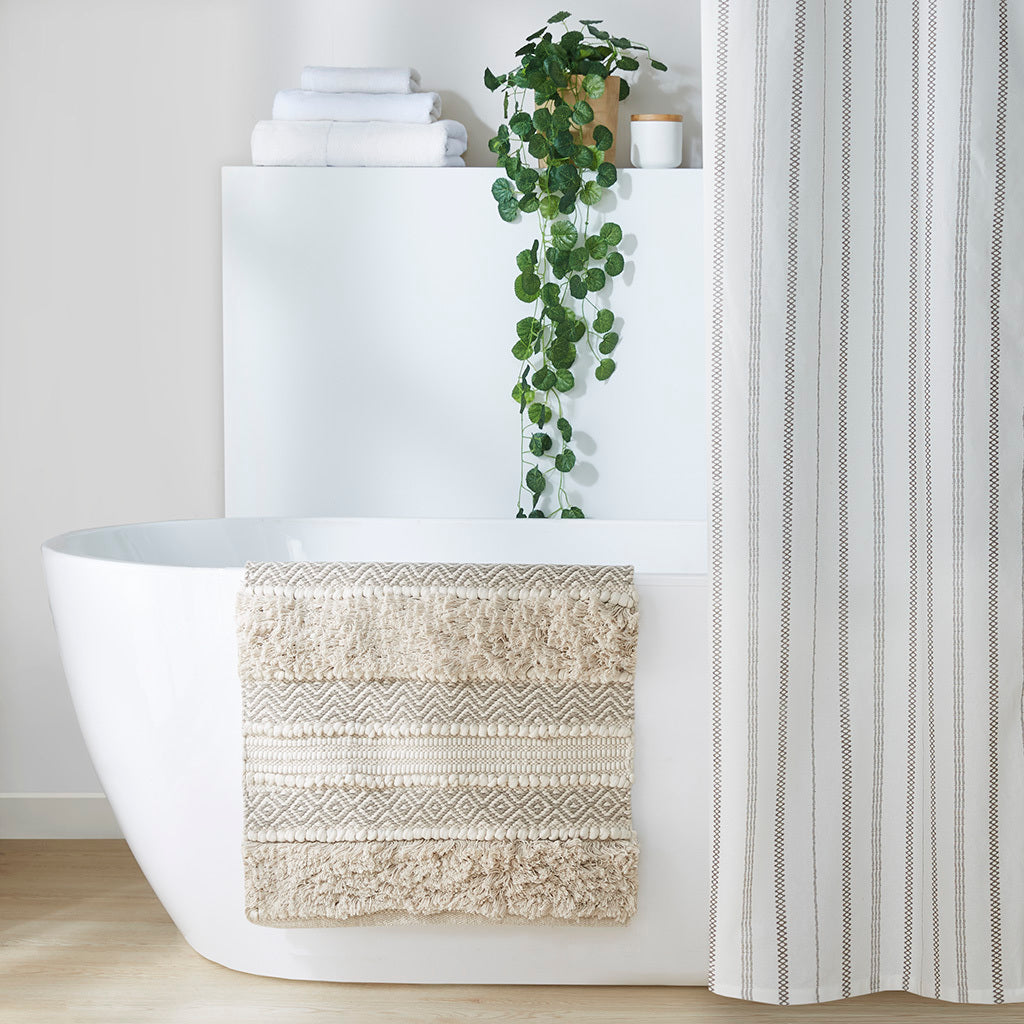 Boho Handwoven Stripe Bath Rug with Textured Natural Design