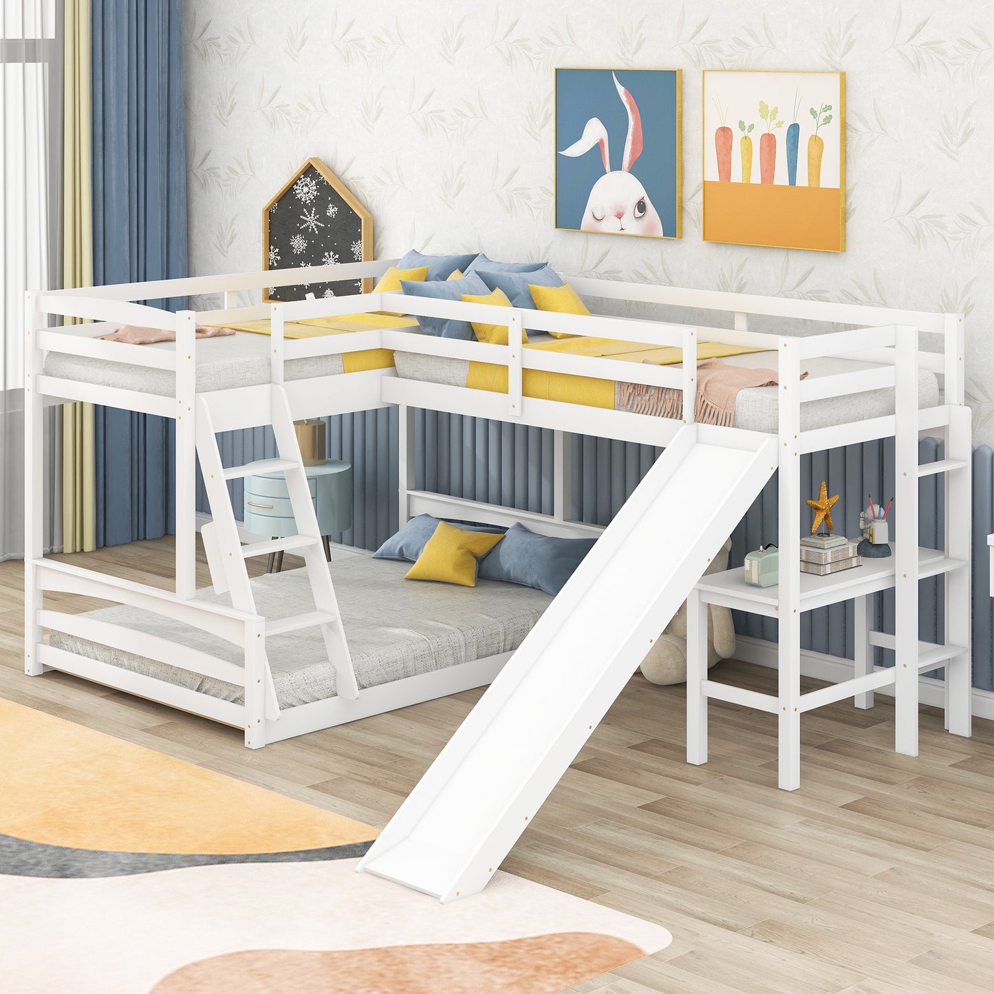 Combined L-Shaped Loft Bunk Bed Set with Desk, Slide & Guardrail in White