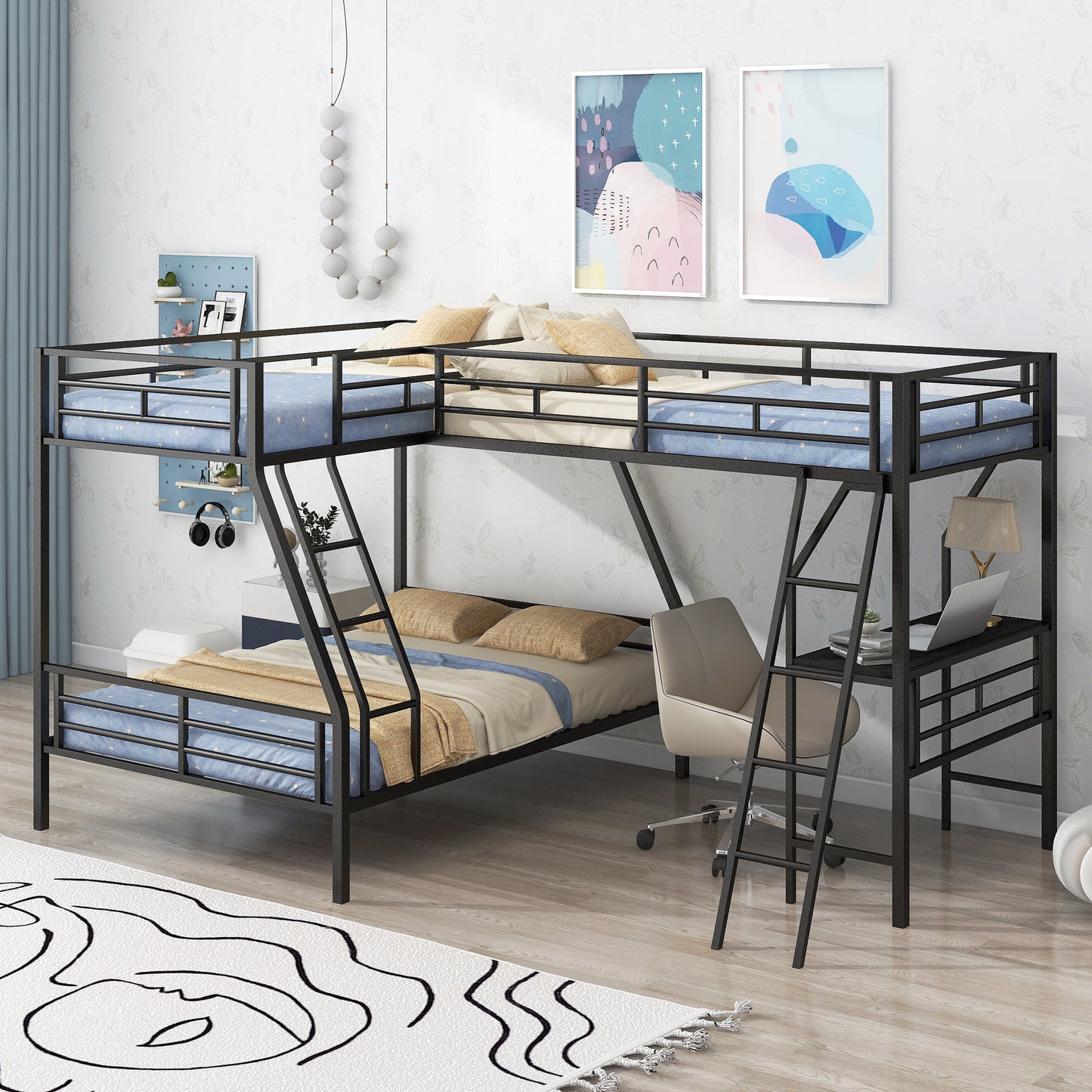 Innovative Space-Saving Twin over Full Bunk Bed with Loft Bed, Desk & Metal Frame, Black