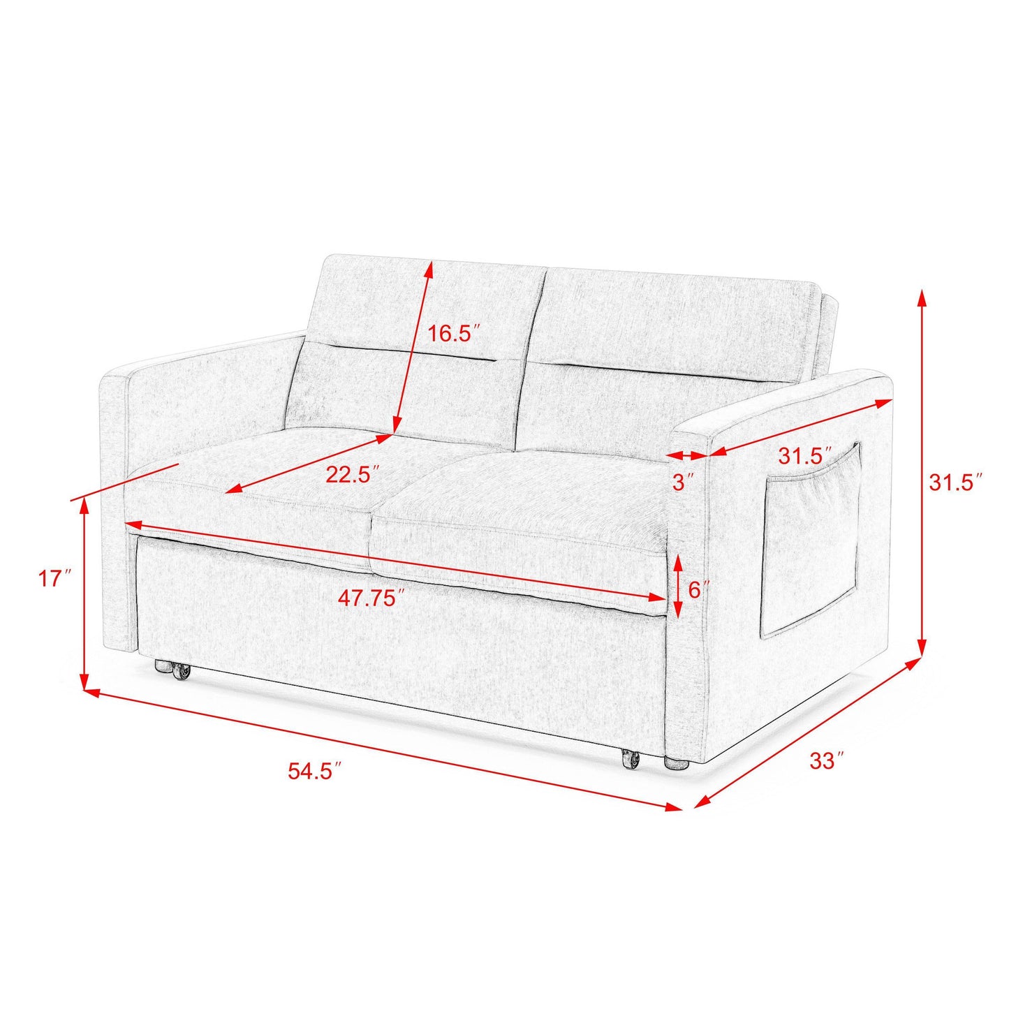 Loveseats Sofa Bed with Pull-out Bed,Adjsutable Back and Two Arm Pocket,Blue (54.5"x33"x31.5")