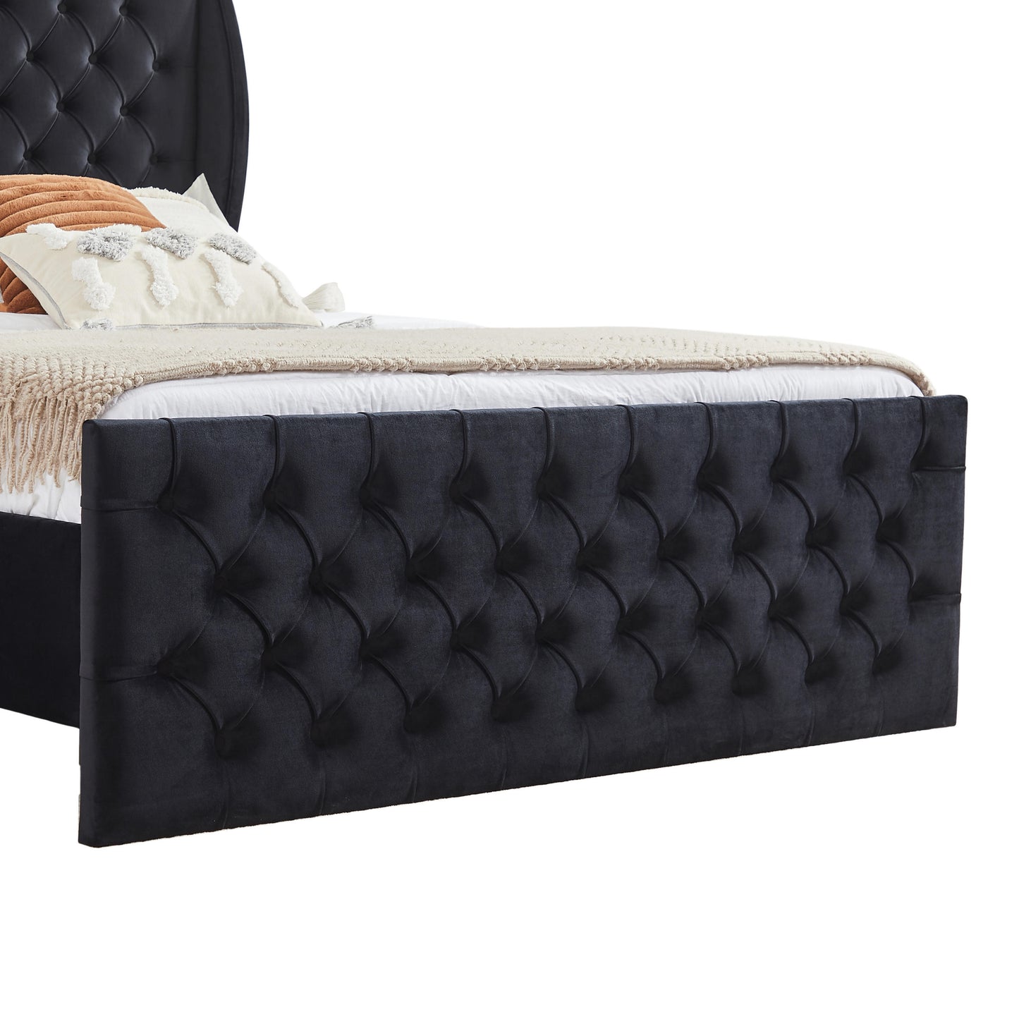 Queen Size Platform Bed Frame, Velvet Upholstered Sleigh Bed with Scroll Wingback Headboard & Footboard/Button Tufted/No Box Spring Required/Easy Assembly/Black