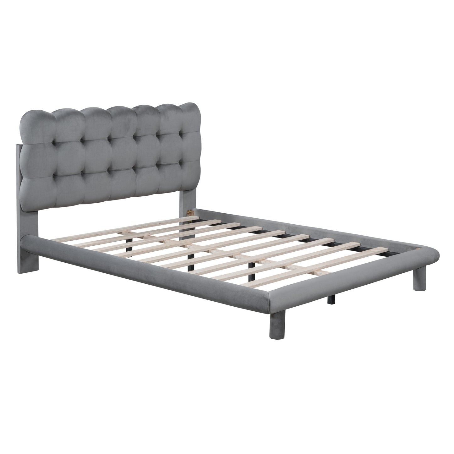 Full Size Velvet Platform Bed with LED Frame, Thick & Soft Fabric and Button-tufted Design Headboard, Gray