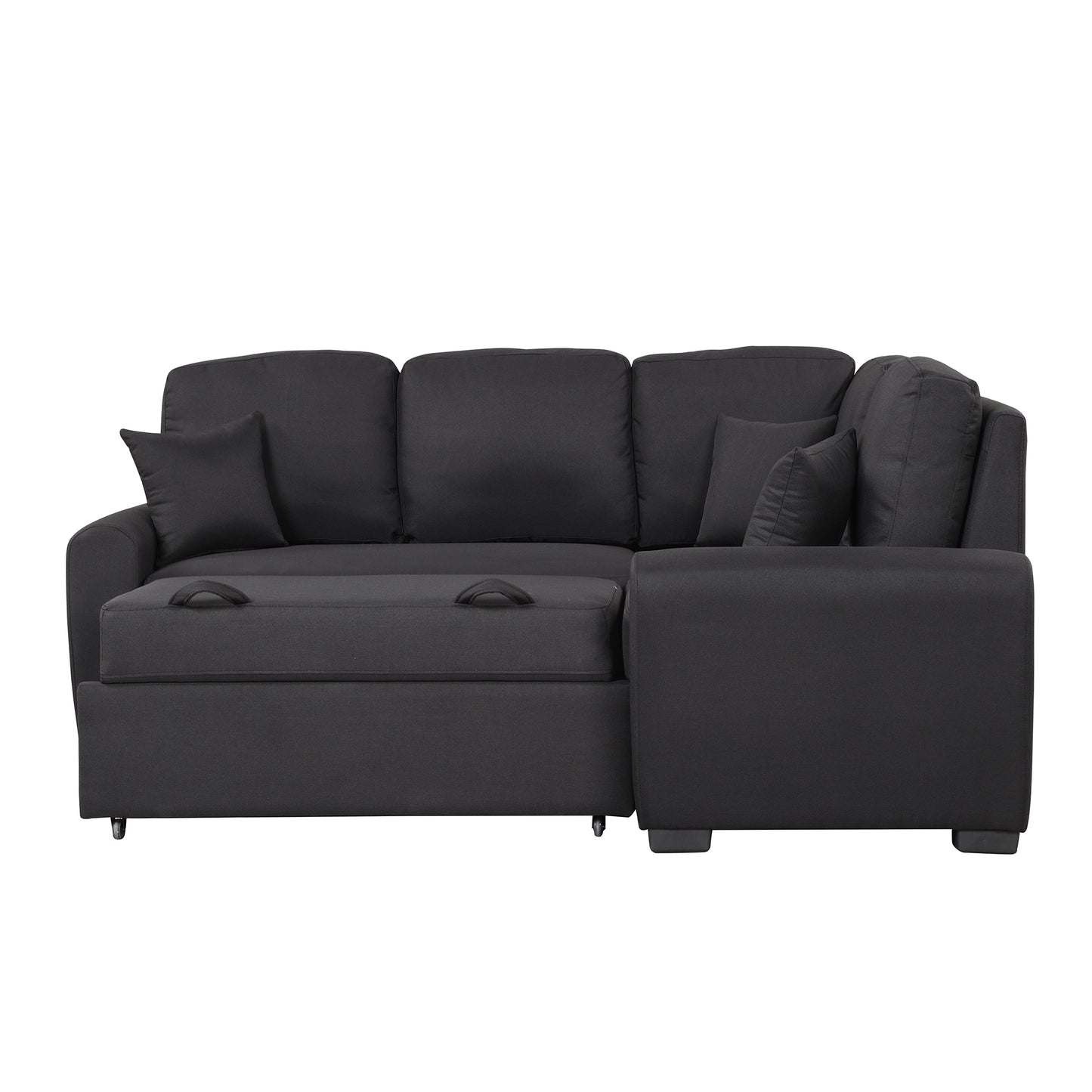 Sleeper Sectional Sofa with USB Charging Port and Plug Outlet, Pull-Out Bed with 3 Pillows, L-Shape Chaise for Small Living Spaces, Black