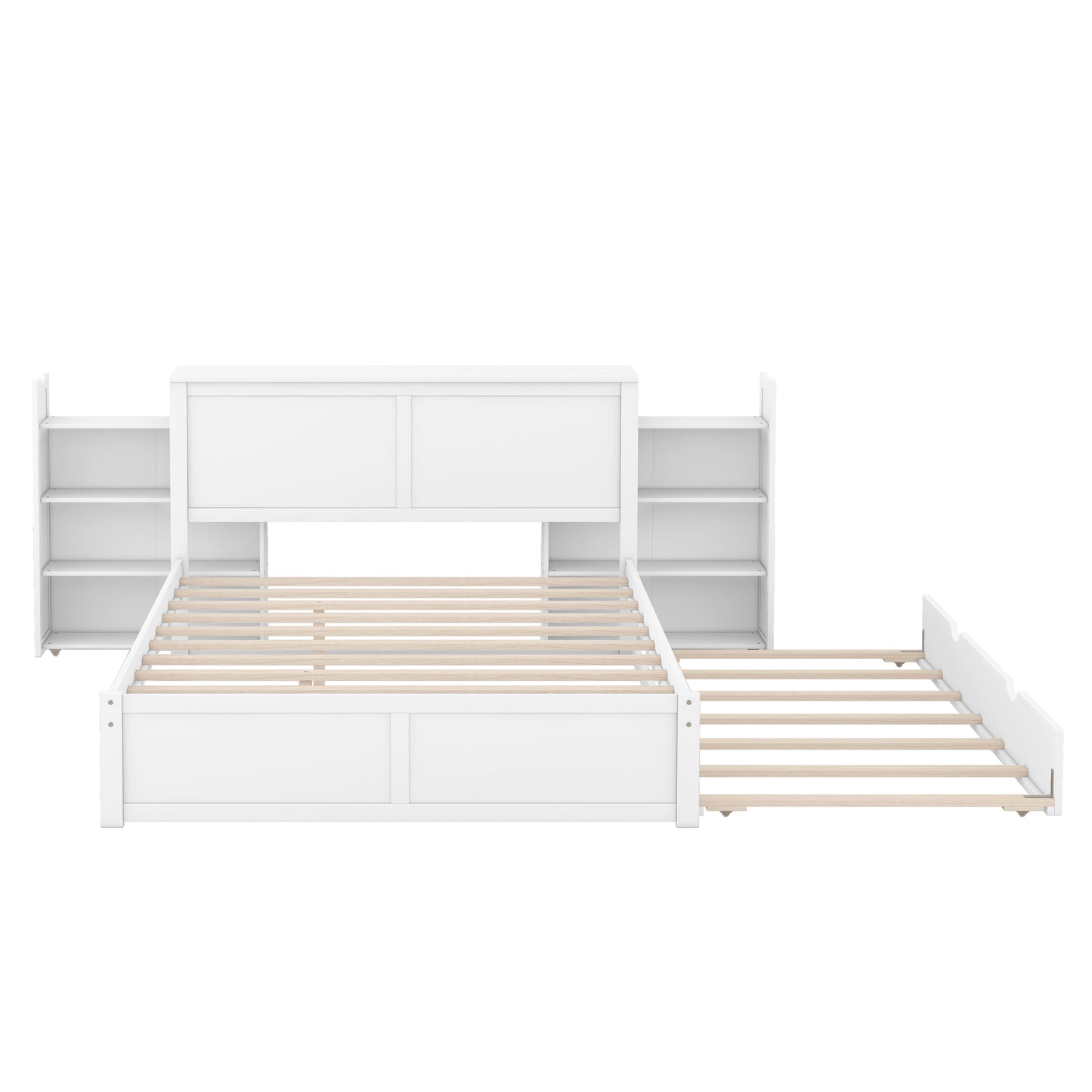 Queen Size Storage Platform Bed with Pull Out Shelves and Twin  XL Size Trundle, White