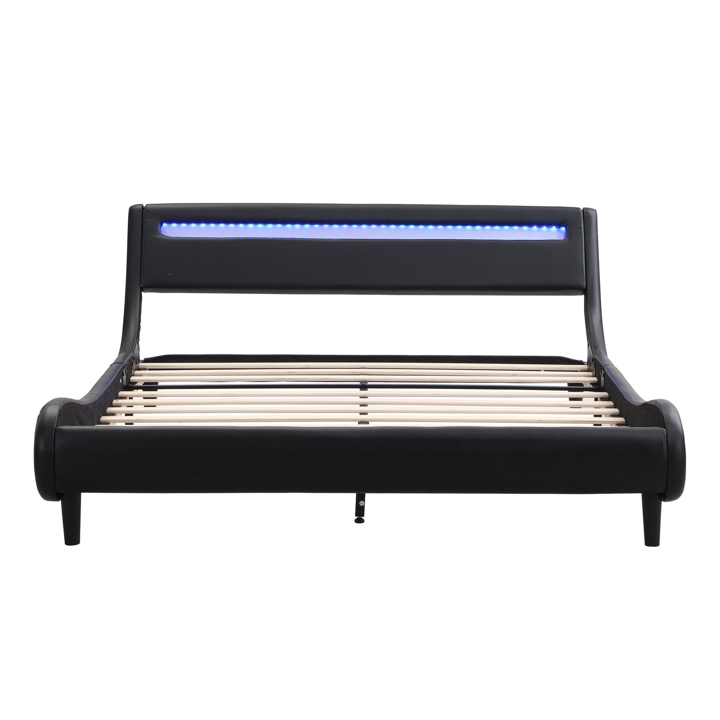 Modern Upholstered Platform Bed Frame with LED Lights Headboard, Faux Leather Wave-Like Bed Frame,Strong Wood Slats Support, Easy Assembly, Black, Queen Size