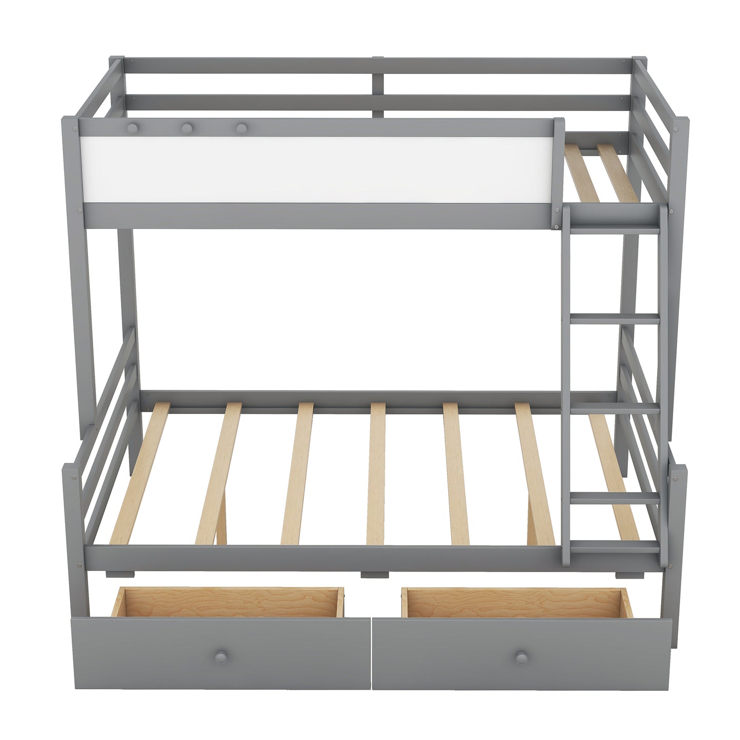 Grey Wood Twin over Full Bunk Bed with Whiteboard, 3 Hooks, and 2 Drawers - Innovative Storage Solution Twin over Full Bunk Bed