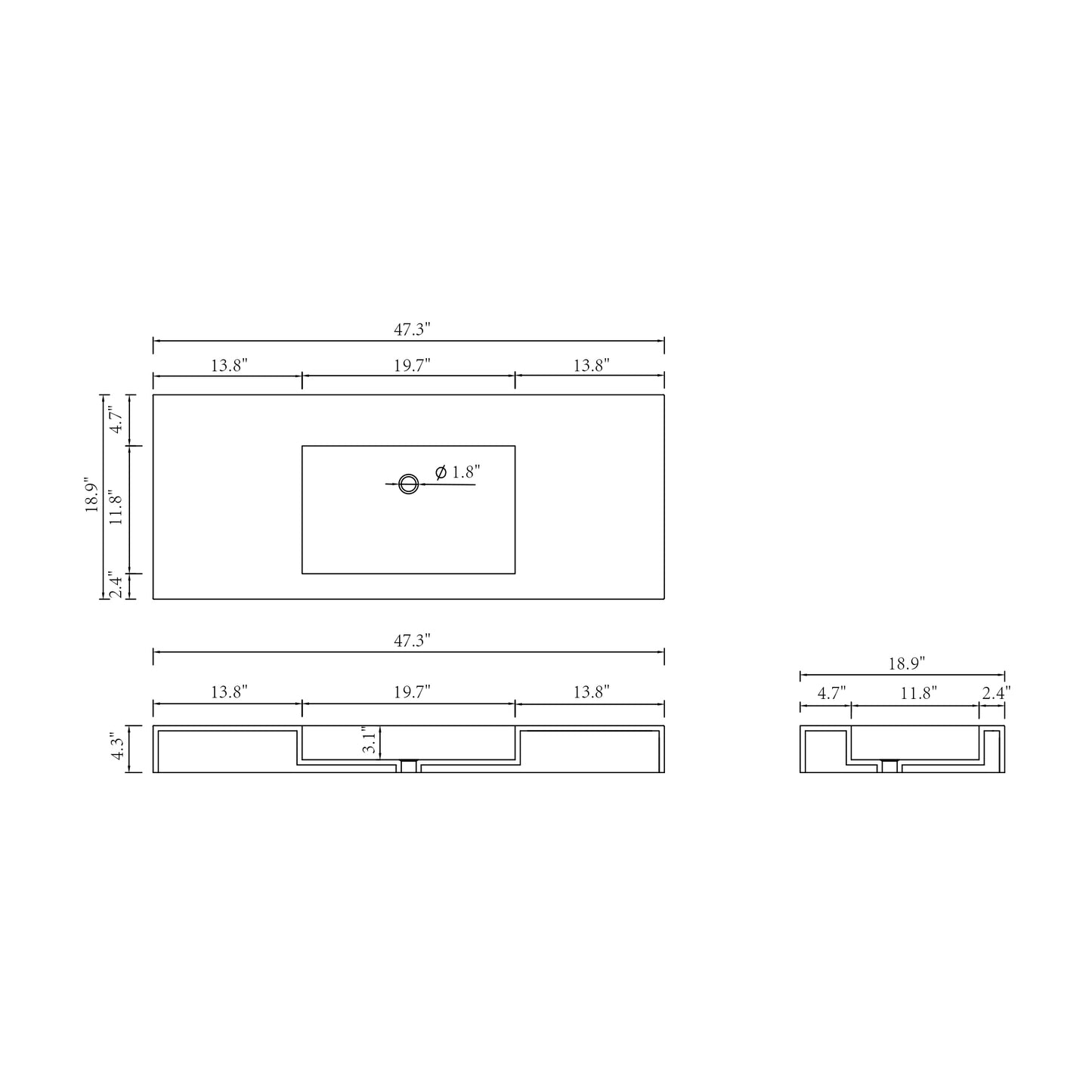 48inch Solid surface single basin with mounting screw