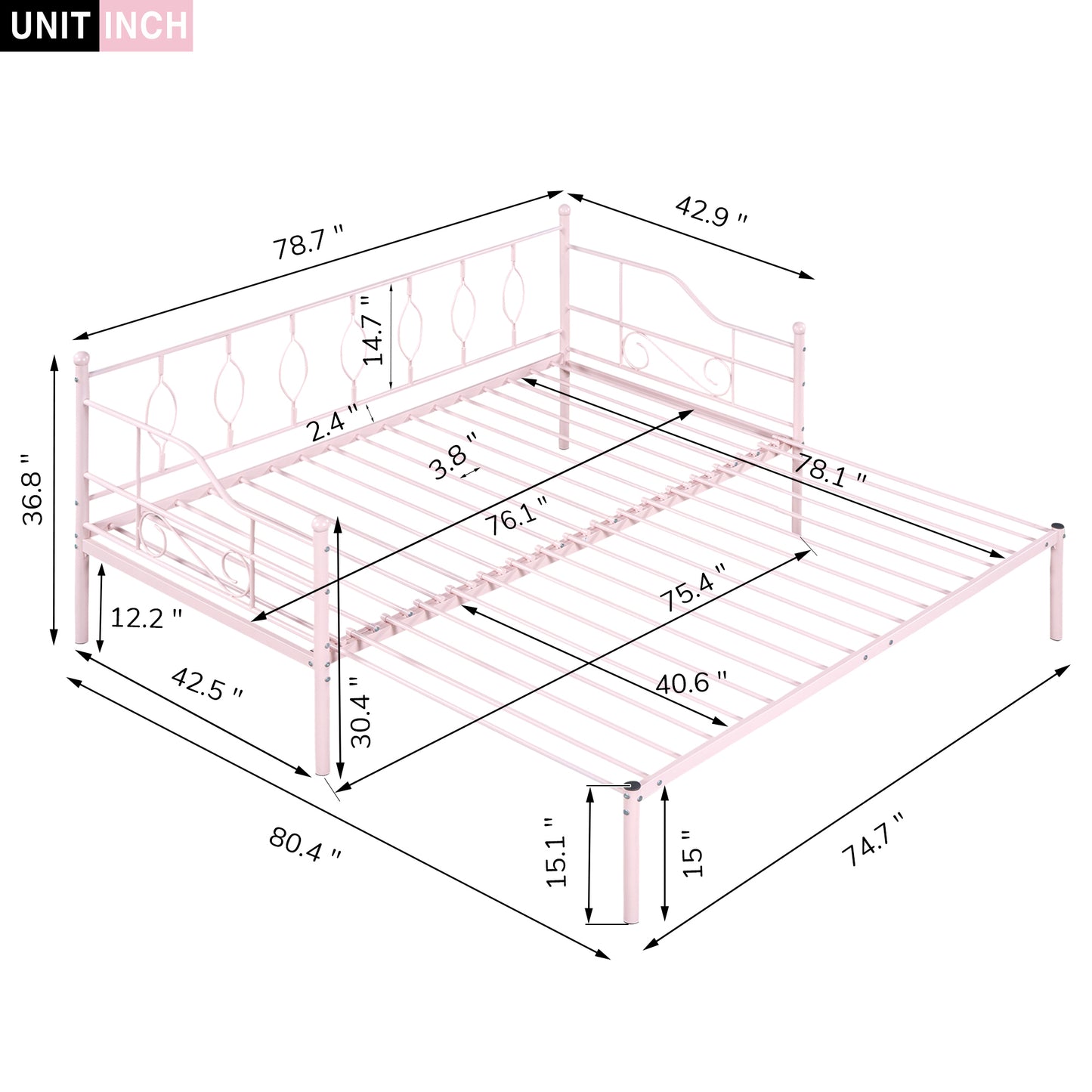 Twin Size Metal Daybed with Trundle, Daybed with Slat No Box required Pink