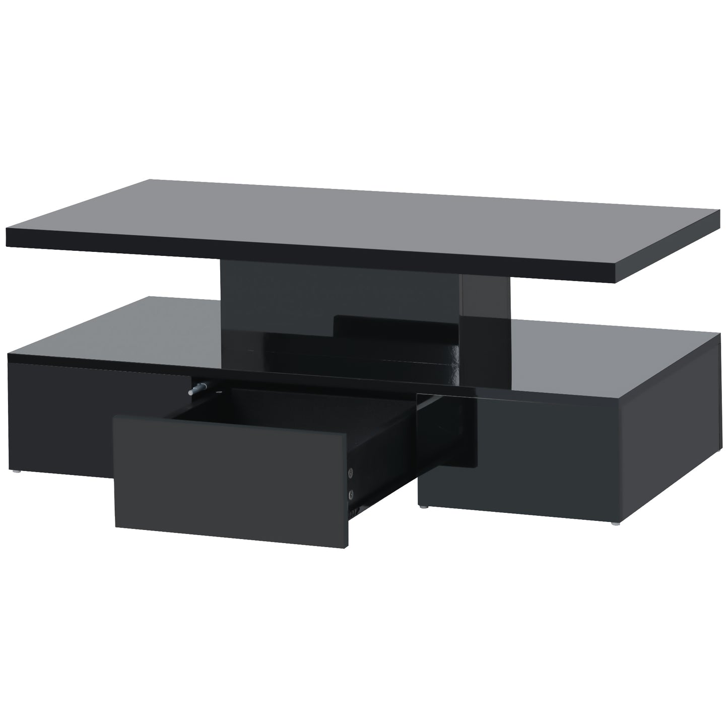 Glossy Black LED Coffee Table with Drawer and Double-Tiered Storage