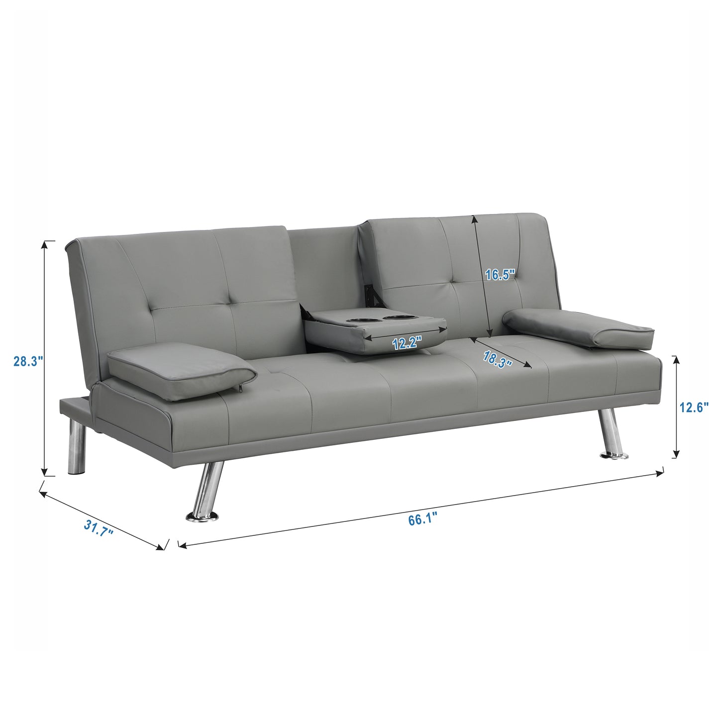 sofa bed with Armrest two holders  WOOD FRAME, STAINLESS LEG, FUTON GREY PVC