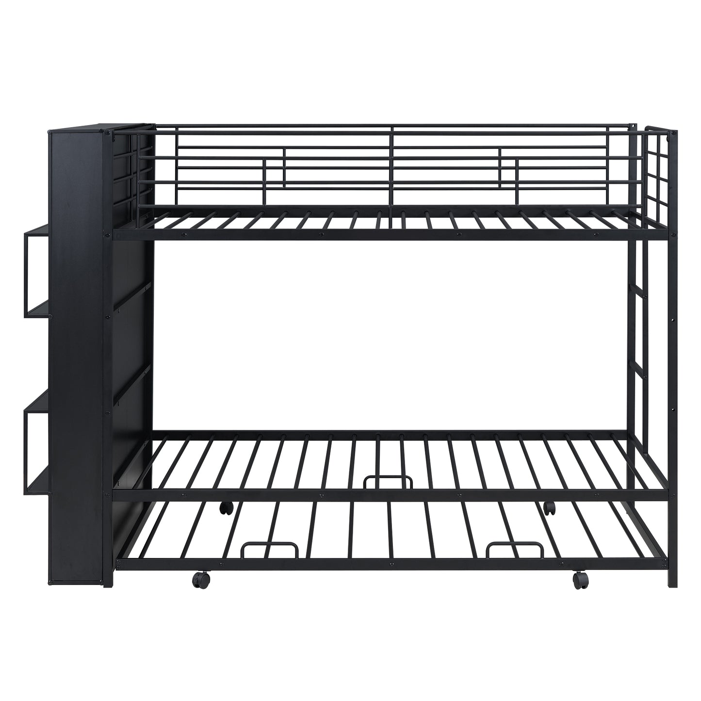 Twin Size Black Metal Bunk Bed with Integrated Bookshelf