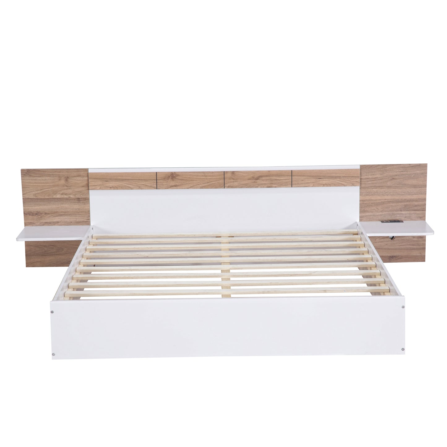 Queen Size Platform Bed with Headboard, Shelves, USB Ports and Sockets, White