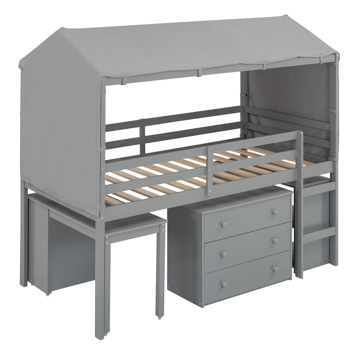 Twin Size Loft Bed with Rolling Cabinet, Shelf and Tent - Gray