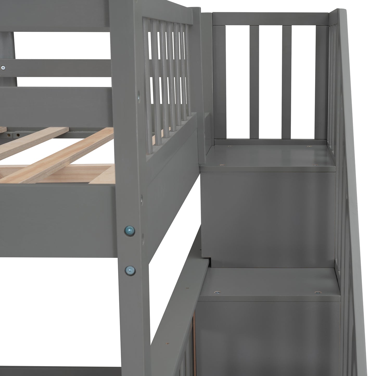 Gray Full-Over-Full Bunk Bed with Staircase, Drawer, and Storage