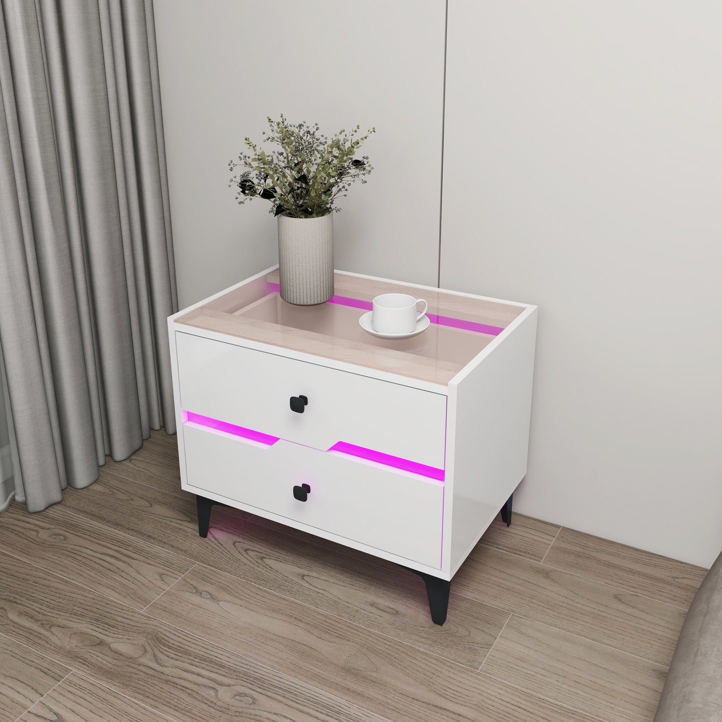 Smart Bedside Table, Nightstand with LED Light Nightstand Modern White High Gloss Bedside Table with 2 Storage Drawers for Bedroom Wooden Smart Side Table End Table with LED Lights (White)