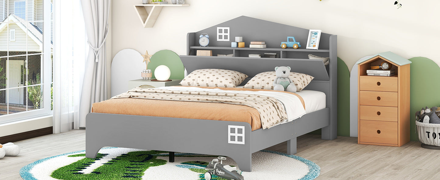 Wooden Full Size House Bed with Storage Headboard ,Kids Bed with Storage Shelf,Grey