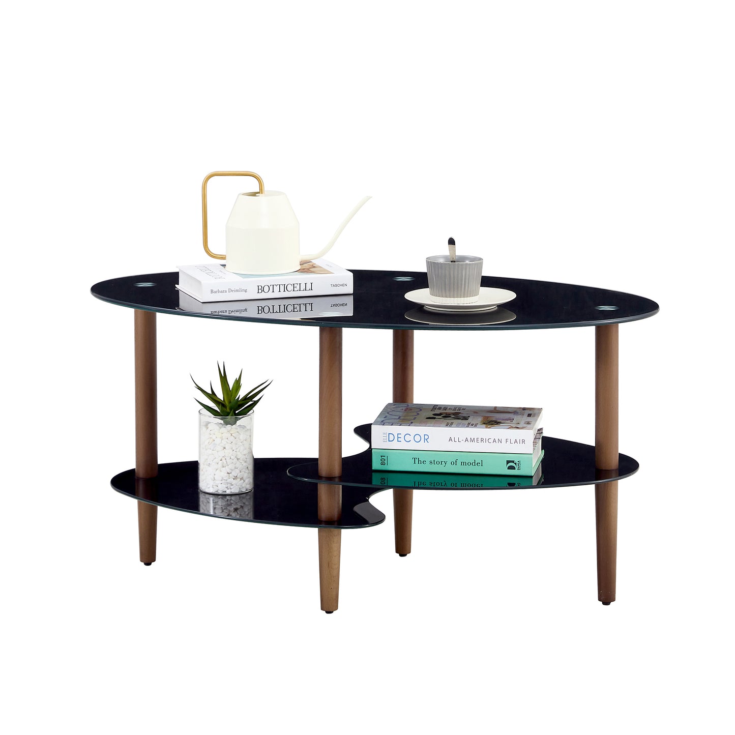 Stylish Black Oval Glass Coffee Table with Oak Wood Legs and Versatile Features