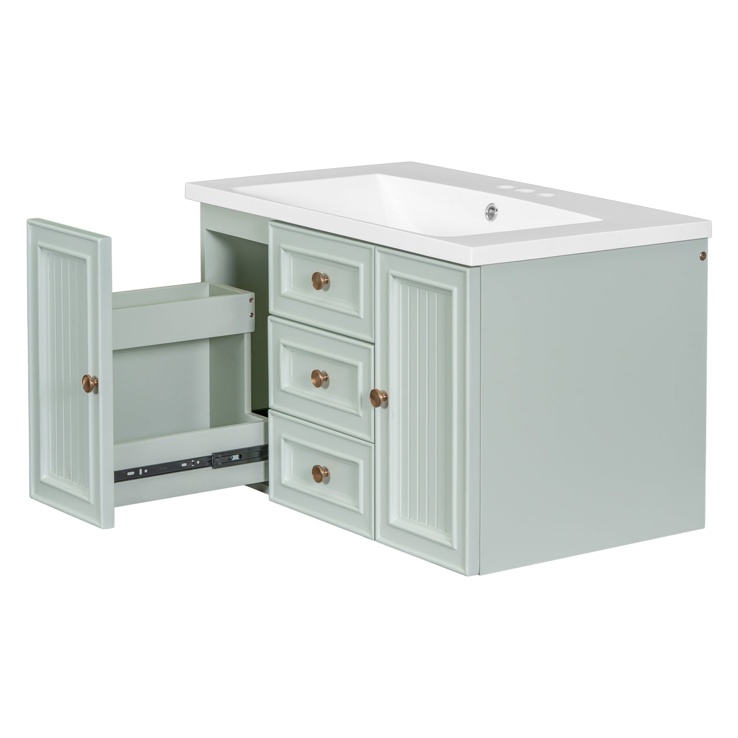 30" Wall Mounted Bathroom Vanity with Sink Combo, Functional Drawer, Solid Wood & MDF Board & Ceramic, Green