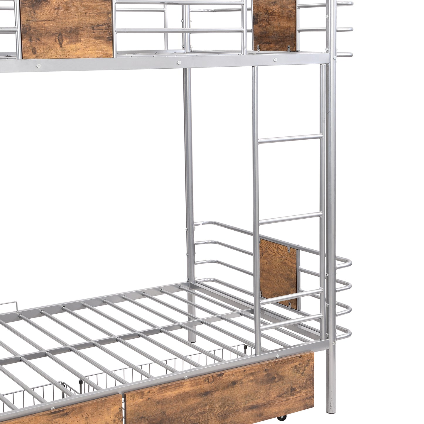 Silver Metal Bunk Bed with Twin XL Storage Drawers and Guardrail