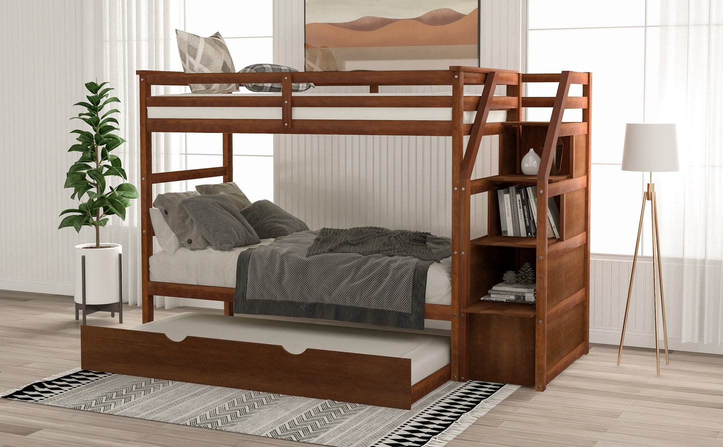 Elegant Walnut Finish Twin Bunk Bed with Trundle, Stairs, and Storage