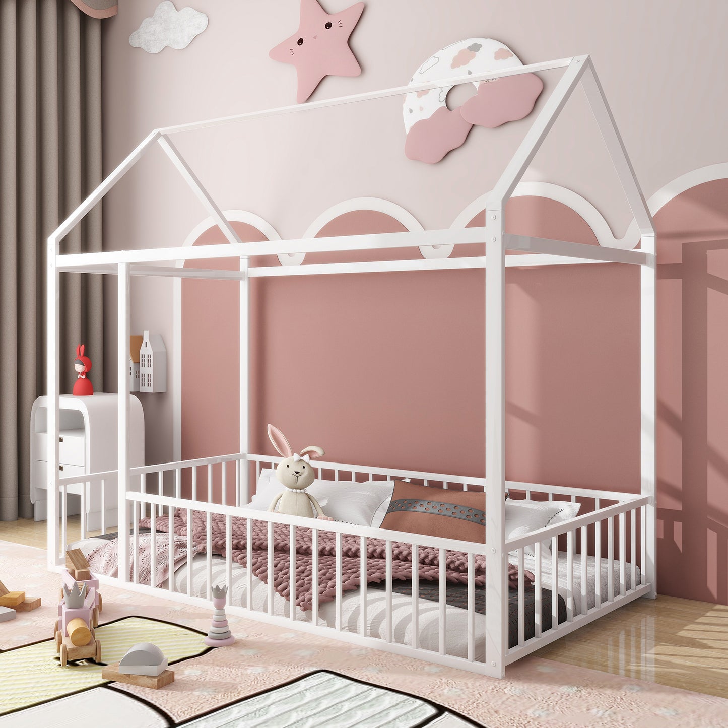 Twin Size Metal Bed House Bed Frame with Fence, for Kids, Teens, Girls, Boys, White