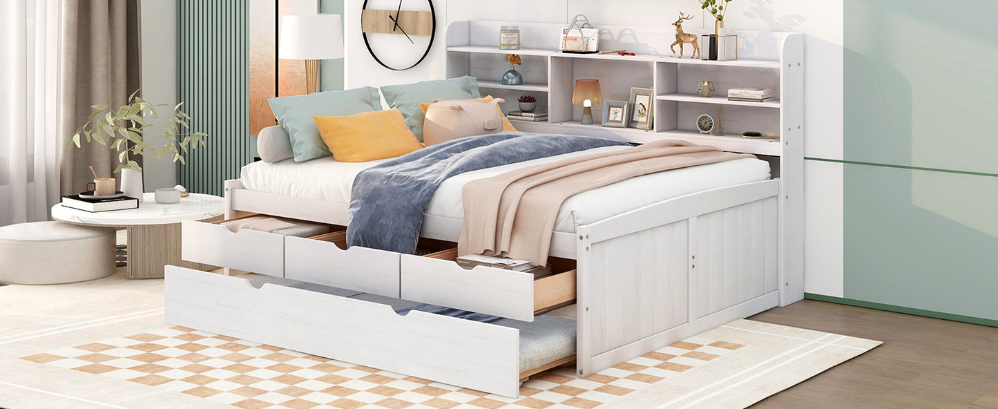 Full Size Wooden Captain Bed with Built-in Bookshelves,Three Storage Drawers and Trundle,White