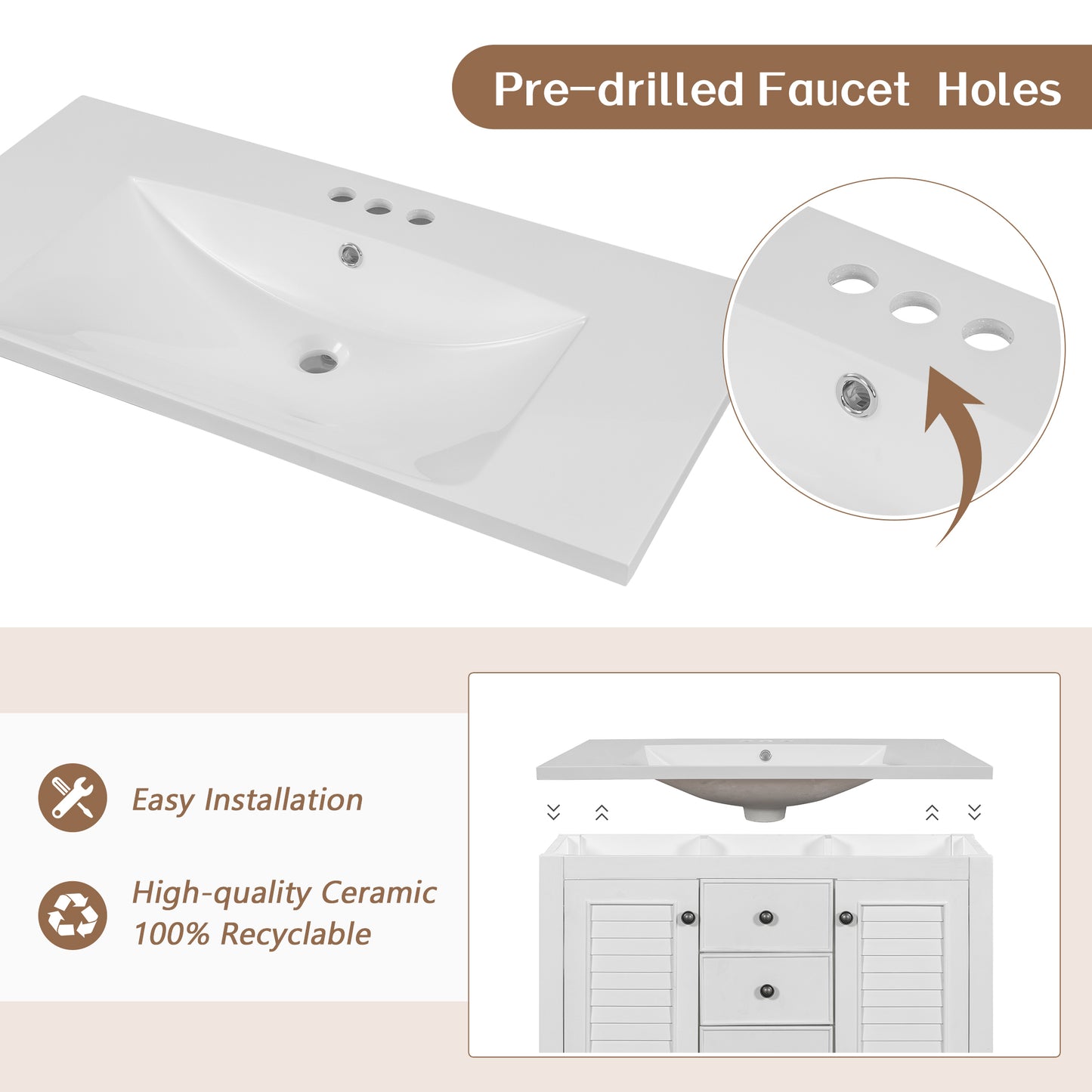 36" Bathroom Vanity with Ceramic Basin, Two Cabinets and Drawers, Open Shelf, Solid Wood Frame, White