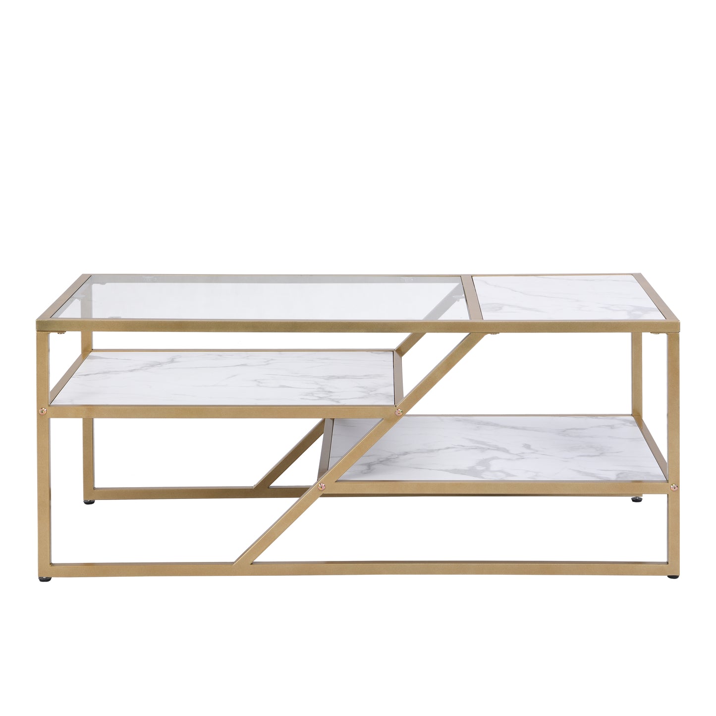 Golden Glass and Metal Coffee Table with Storage Shelf for Living Room or Bedroom