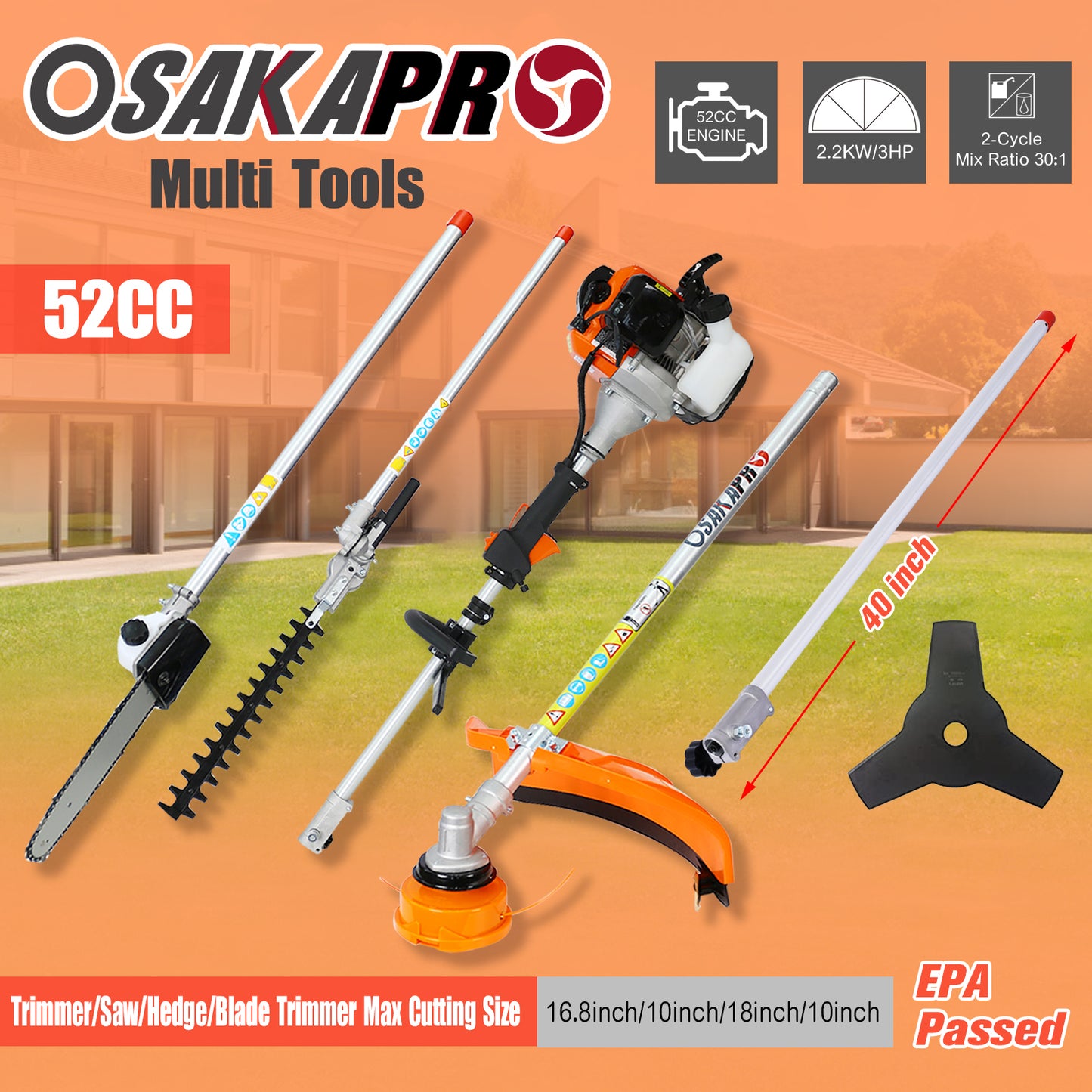 12 in 1 Multi-Functional Trimming Tool, 52CC 2-Cycle Garden Tool System with Gas Pole Saw, Hedge Trimmer, Grass Trimmer, and Brush Cutter EPA Compliant