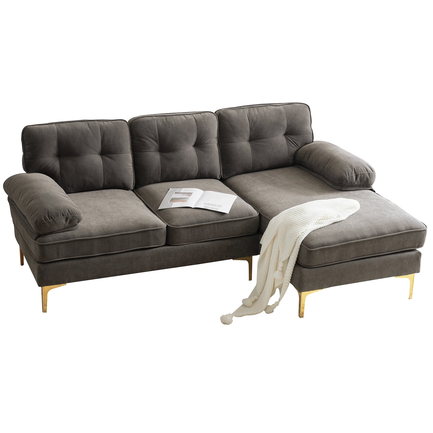 Luxurious Brown Velvet L-Shaped Modern Sectional Sofa for Living Room or Bedroom