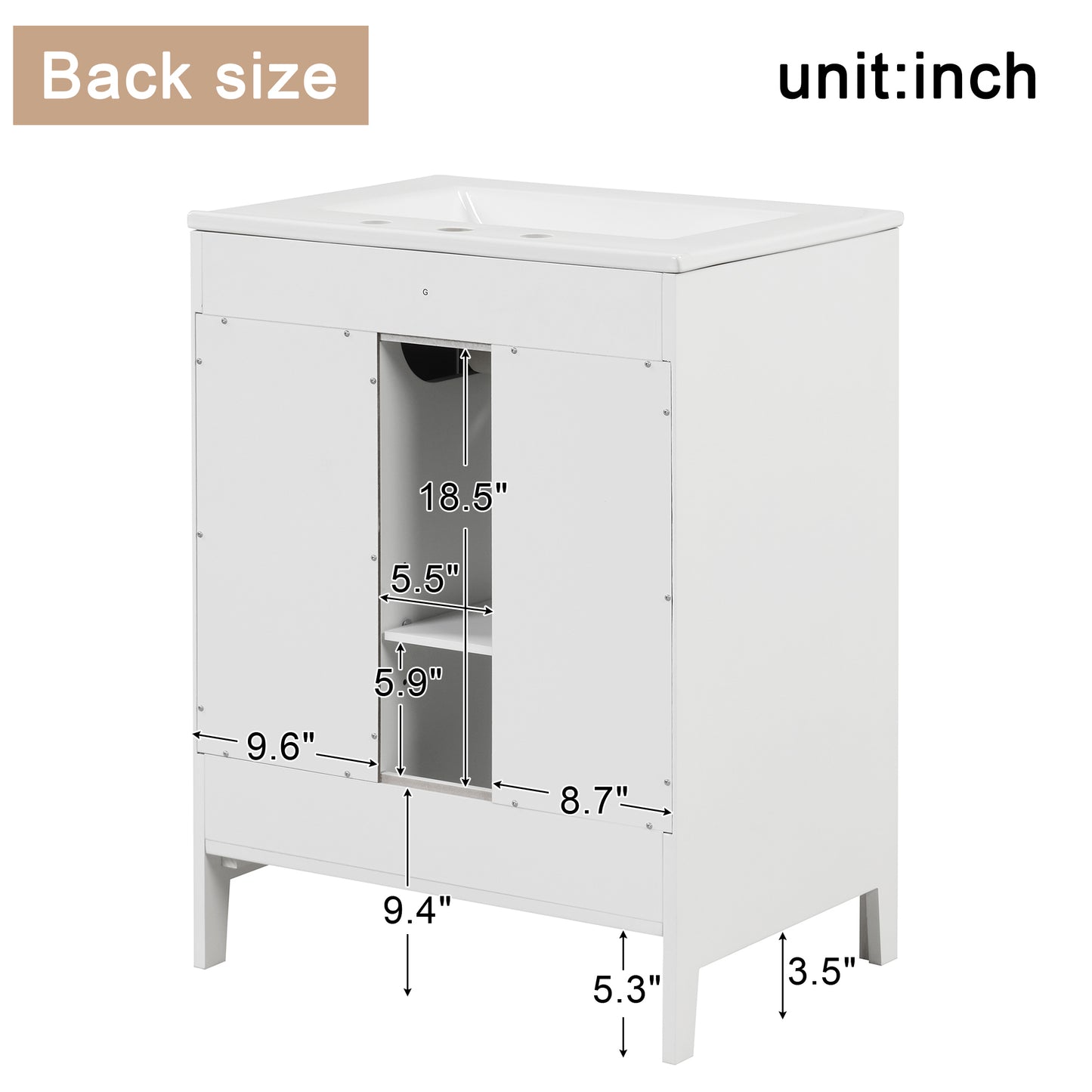 24-Inch White Bathroom Vanity Cabinet with Sink, Two Drawers, and Adjustable Shelf