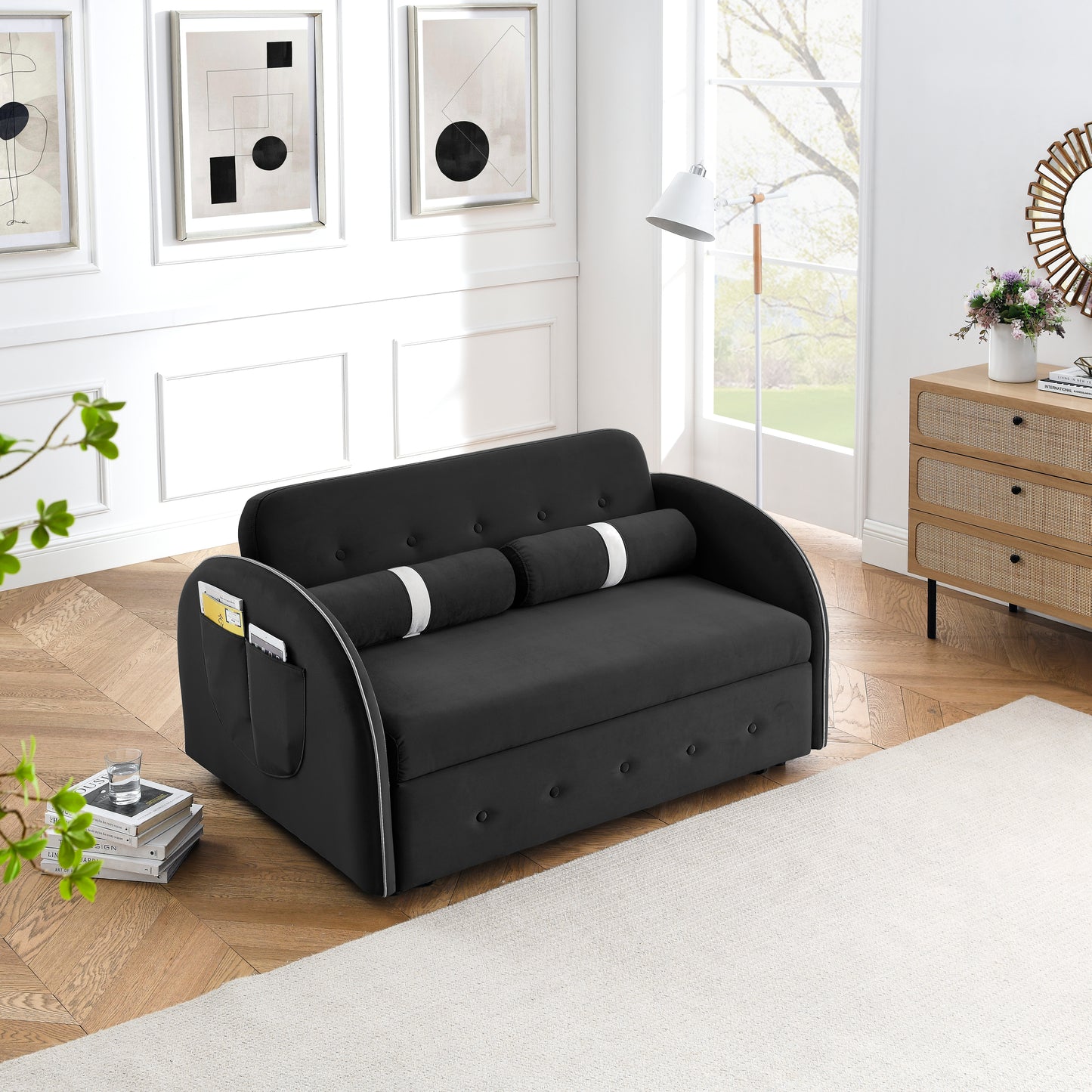 Modern 55.5" Pull Out Sleep Sofa Bed 2 Seater Loveseats Sofa Couch with side pockets, Adjsutable Backrest and Lumbar Pillows for Apartment Office Living Room