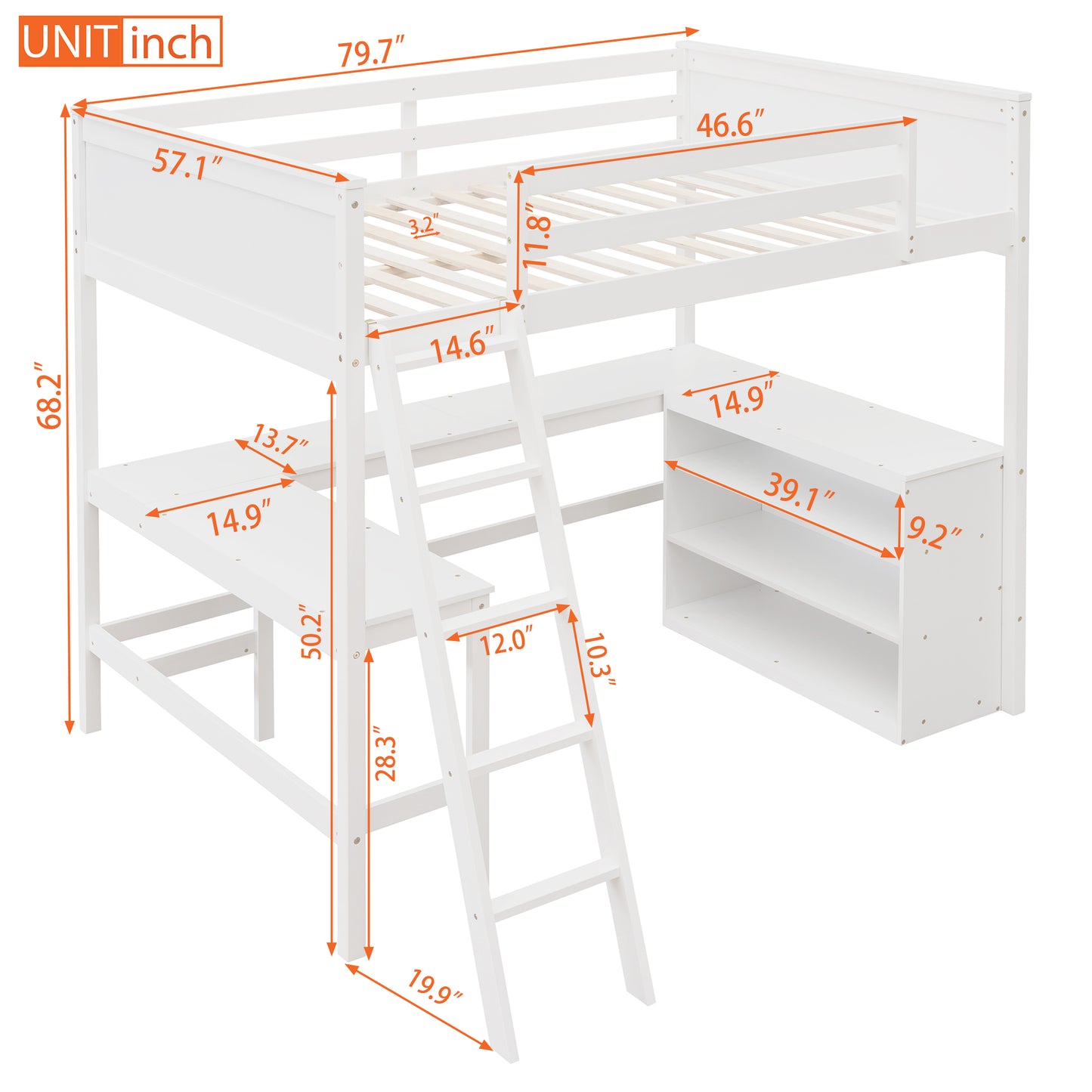 Full size Loft Bed with Shelves and Desk, Wooden Loft Bed with Desk - White